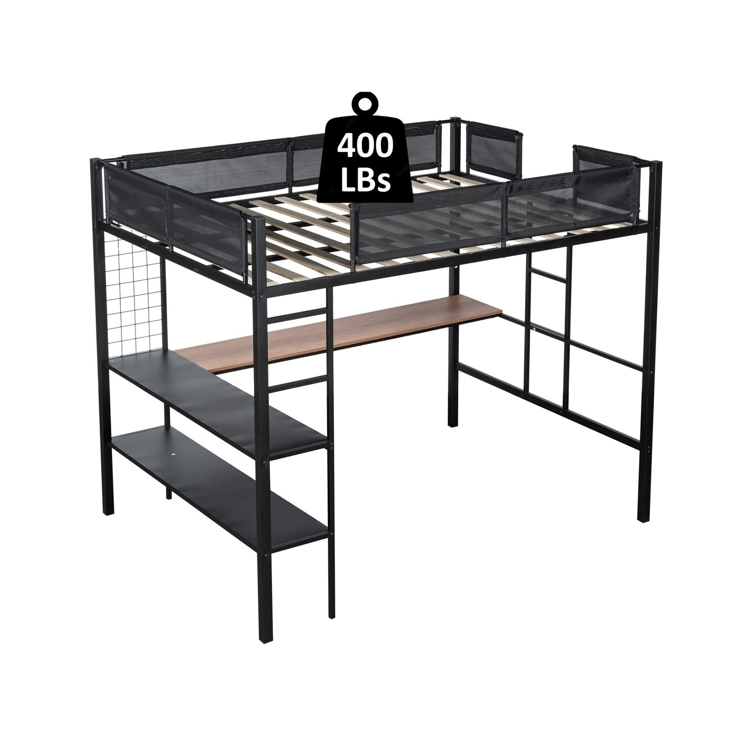 Metal Full Size Loft Bed with Desk & Shelves/ Sturdy Metal Bed Frame/ Noise-free Wood Slats/ Comfortable Textilene Guardrail/ Built-in Desk, 2-tier Shelves & Grid Panel/ 2 Side Ladders