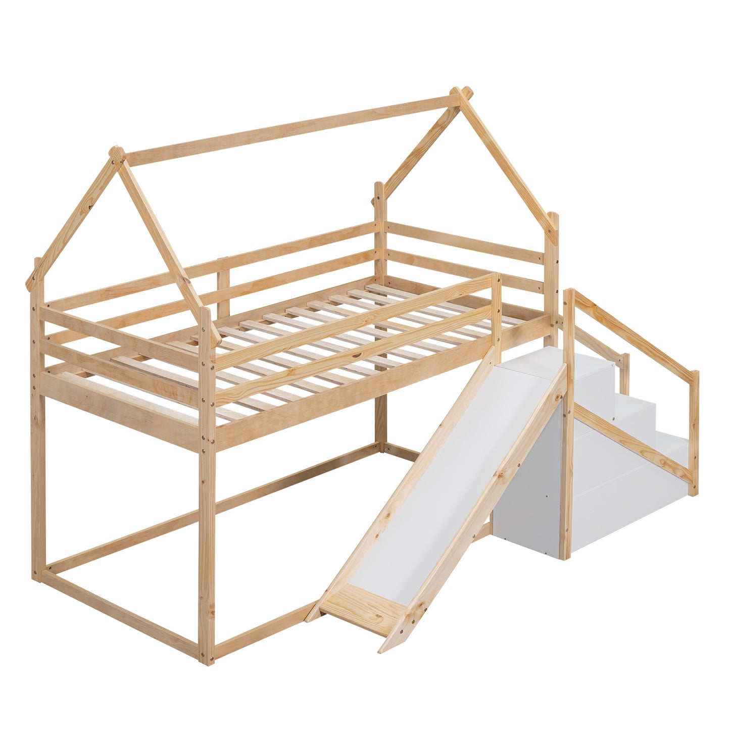 Twin House Loft Bunk Bed with Slide, Staircase, and Storage for Kids, Natural