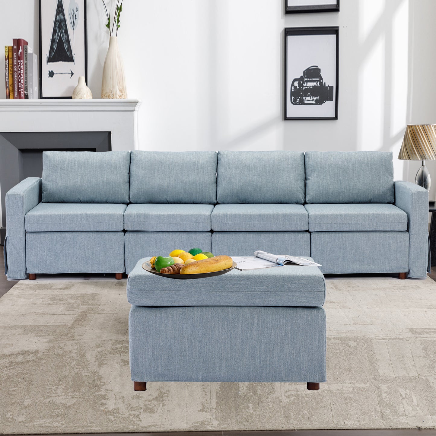 3-Piece Light Blue Sectional Sofa Set with Ottoman and Washable Cushions