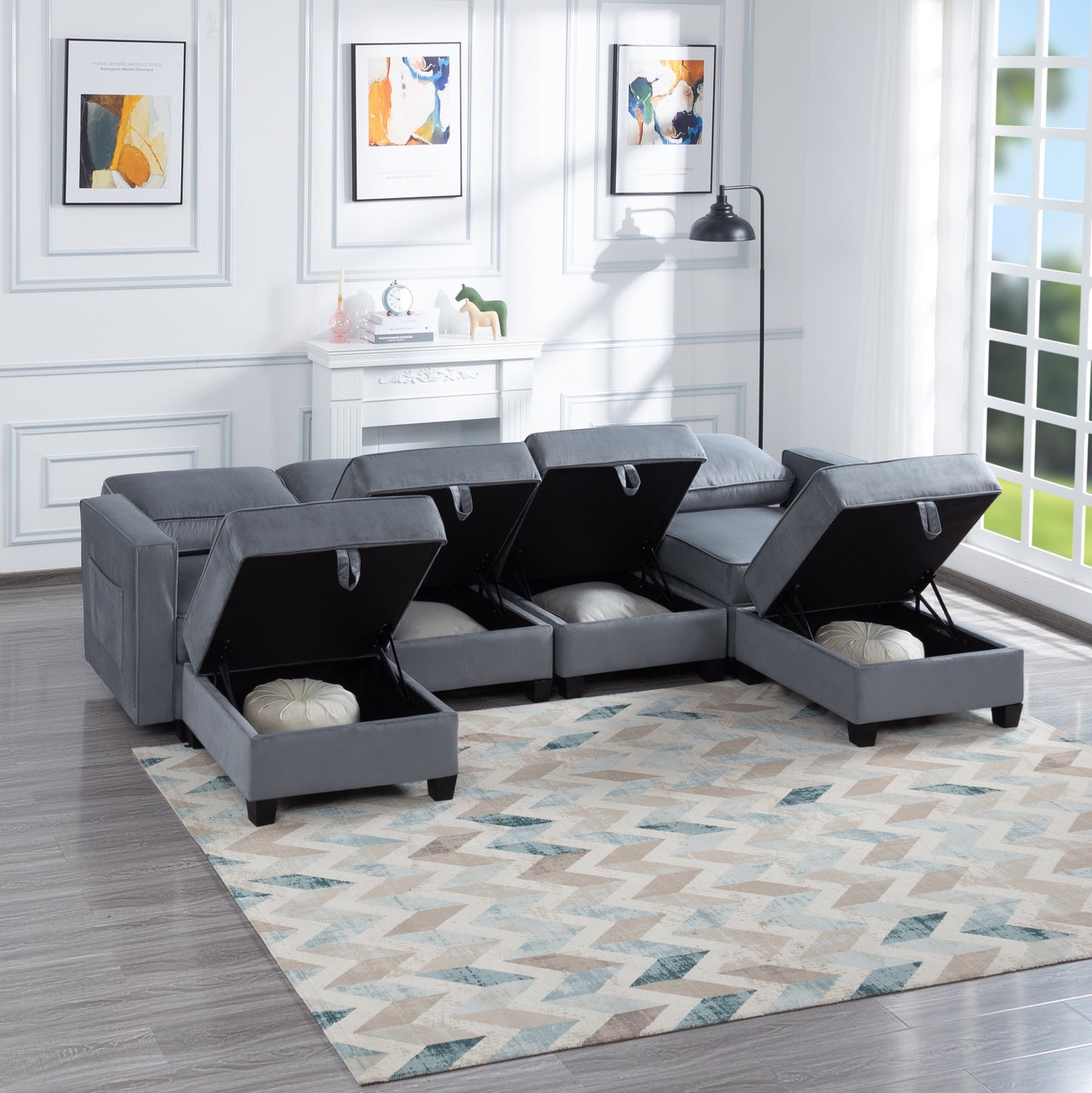 116'' Symmetrical Modular Sectional Sofa with Ottoman in Dark Gray Velvet