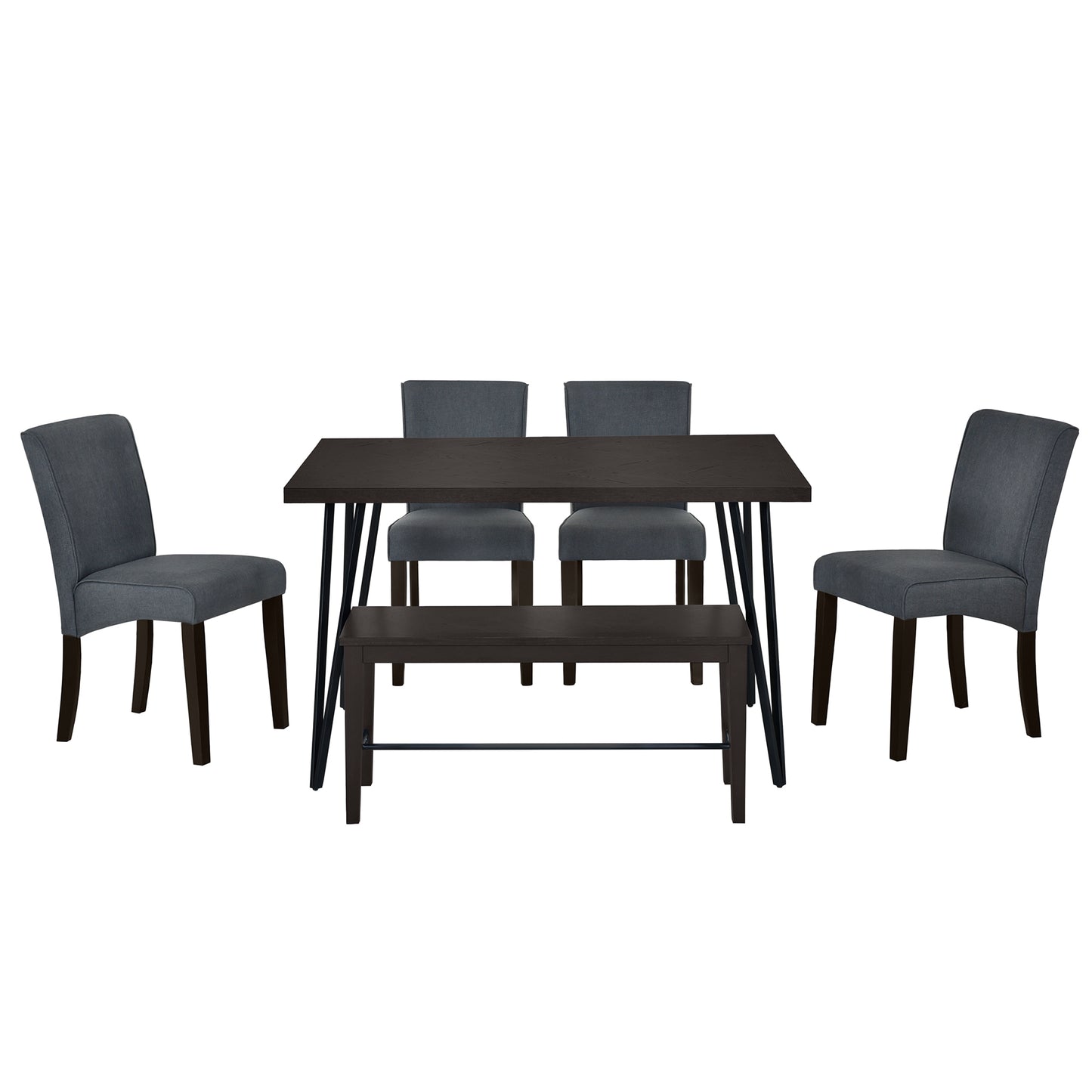 Modern 6-Piece Dining Table Set with V-Shape Metal Legs, Wood Kitchen Table Set with 4 Upholstered Chairs and Bench for 6,Espresso