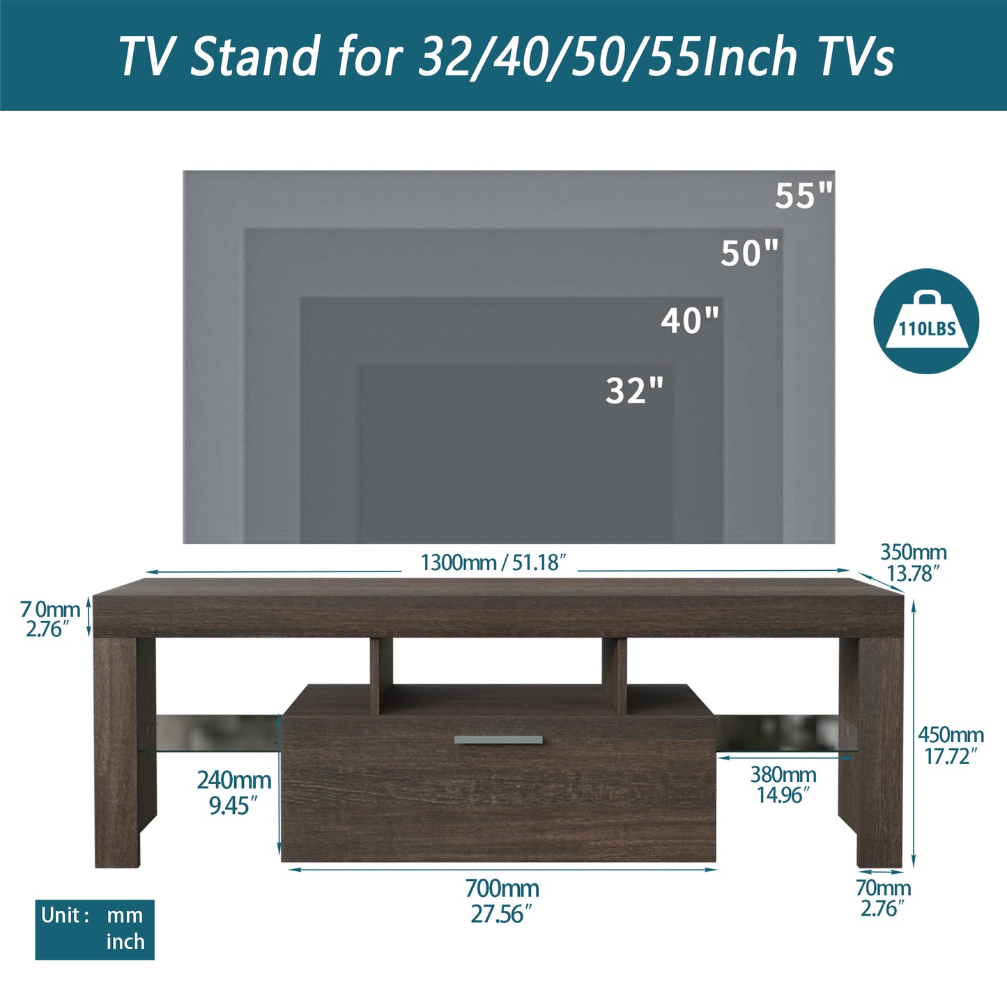 Quick Assembly Modern Brown TV Stand with LED Color Changing Lights and Toughened Glass Shelf