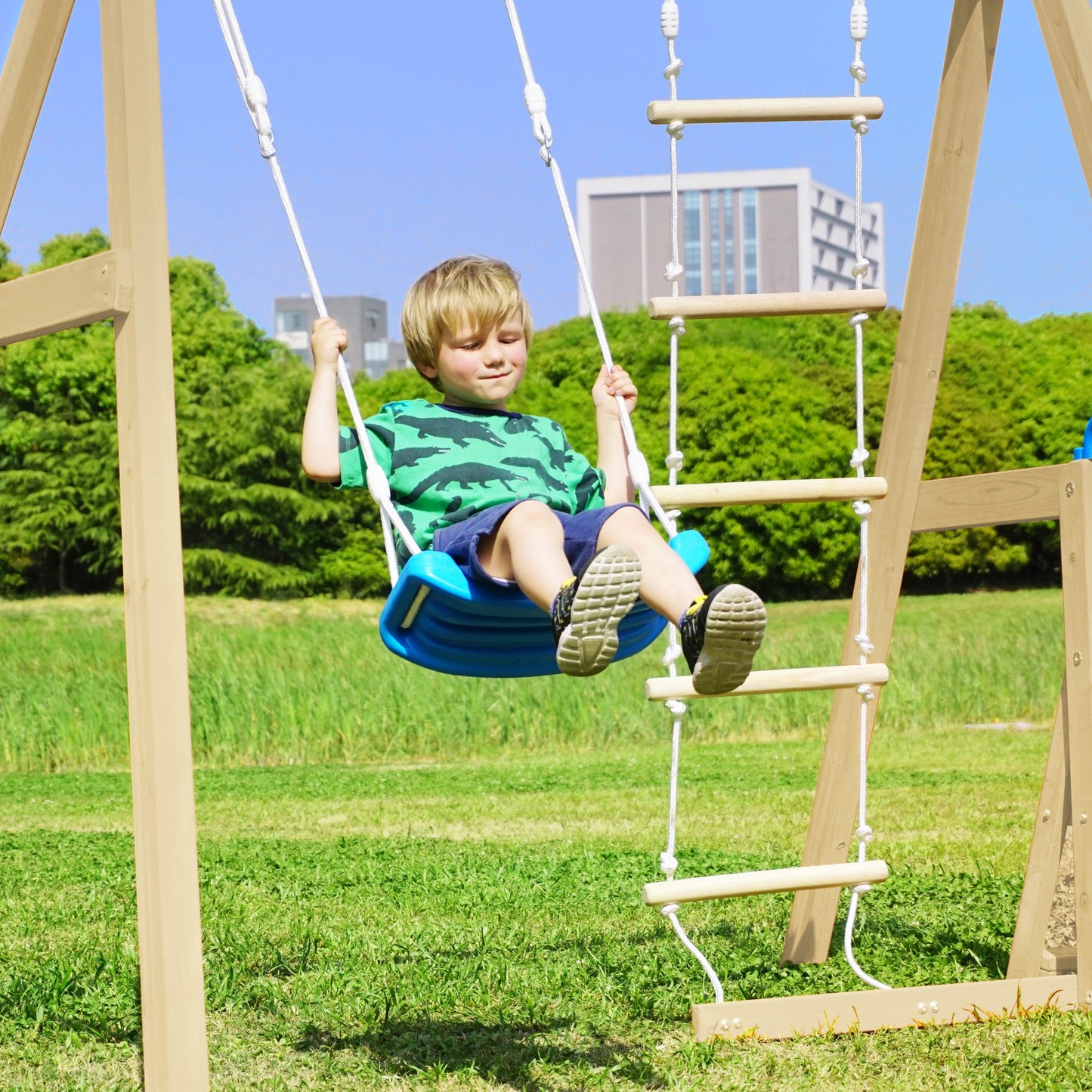 Wooden Swing Set with Slide and Climbing Rope Ladder for Toddler and Kids