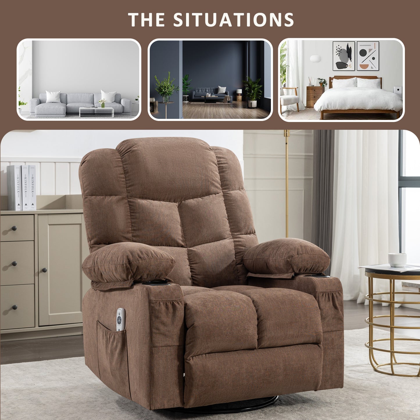 Brown Rocking Massage Recliner Chair with Heating and USB Charge Port