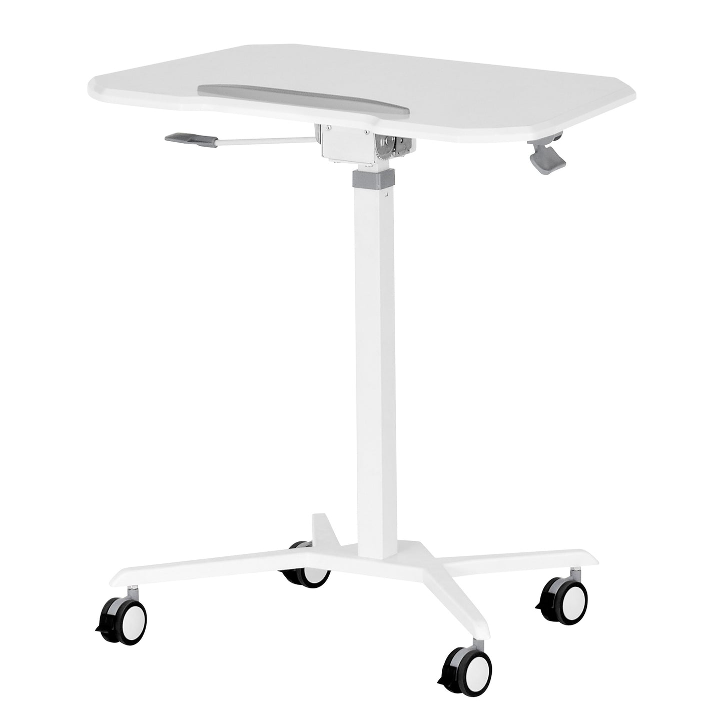 Adjustable White Laptop Stand with Tilt Tabletop and Rolling Mechanism