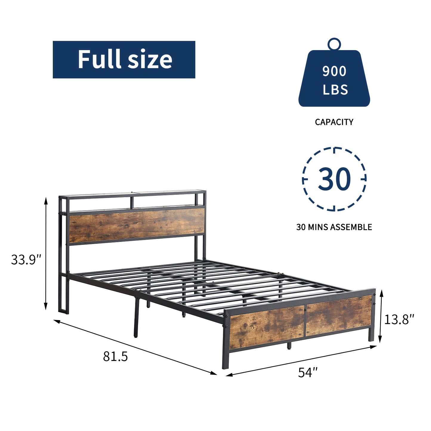 Industrial Full Bed Frame with LED Lights and 2 USB Ports, Bed Frame Full Size with Storage, Noise Free, No Box Spring Needed, Rustic Brown