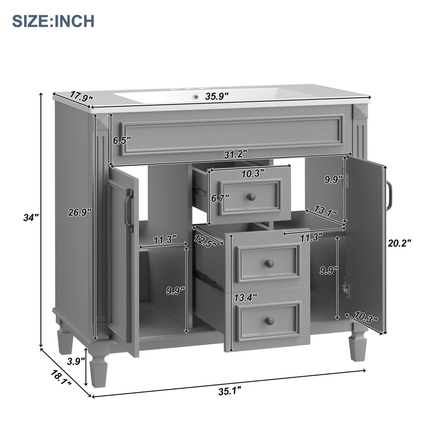 36'' Bathroom Vanity with Top Sink, Grey Mirror Cabinet, Modern Bathroom Storage Cabinet with 2 Soft Closing Doors and 2 Drawers, Single Sink Bathroom Vanity