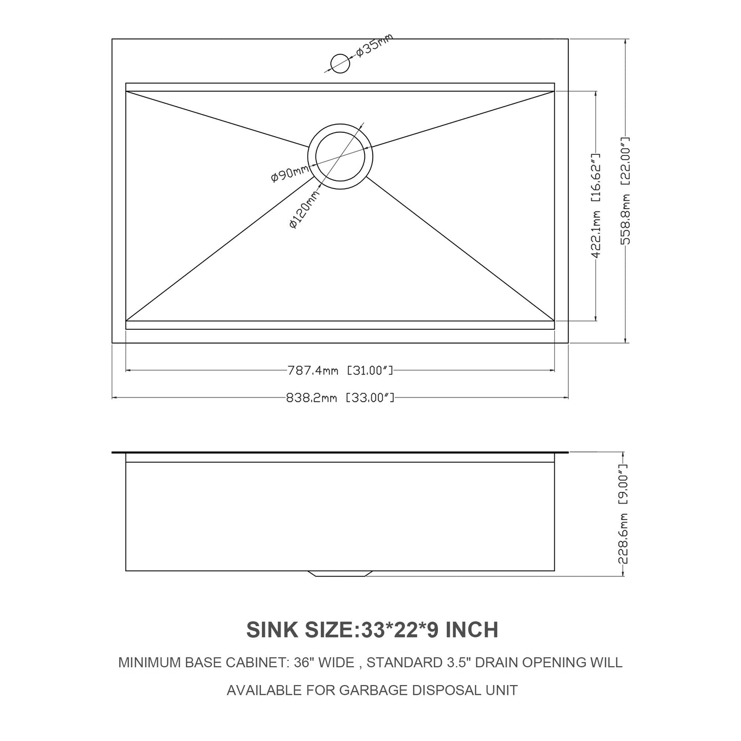 33 Inch Stainless Steel Workstation Kitchen Sink - Topmount Single Bowl Sink