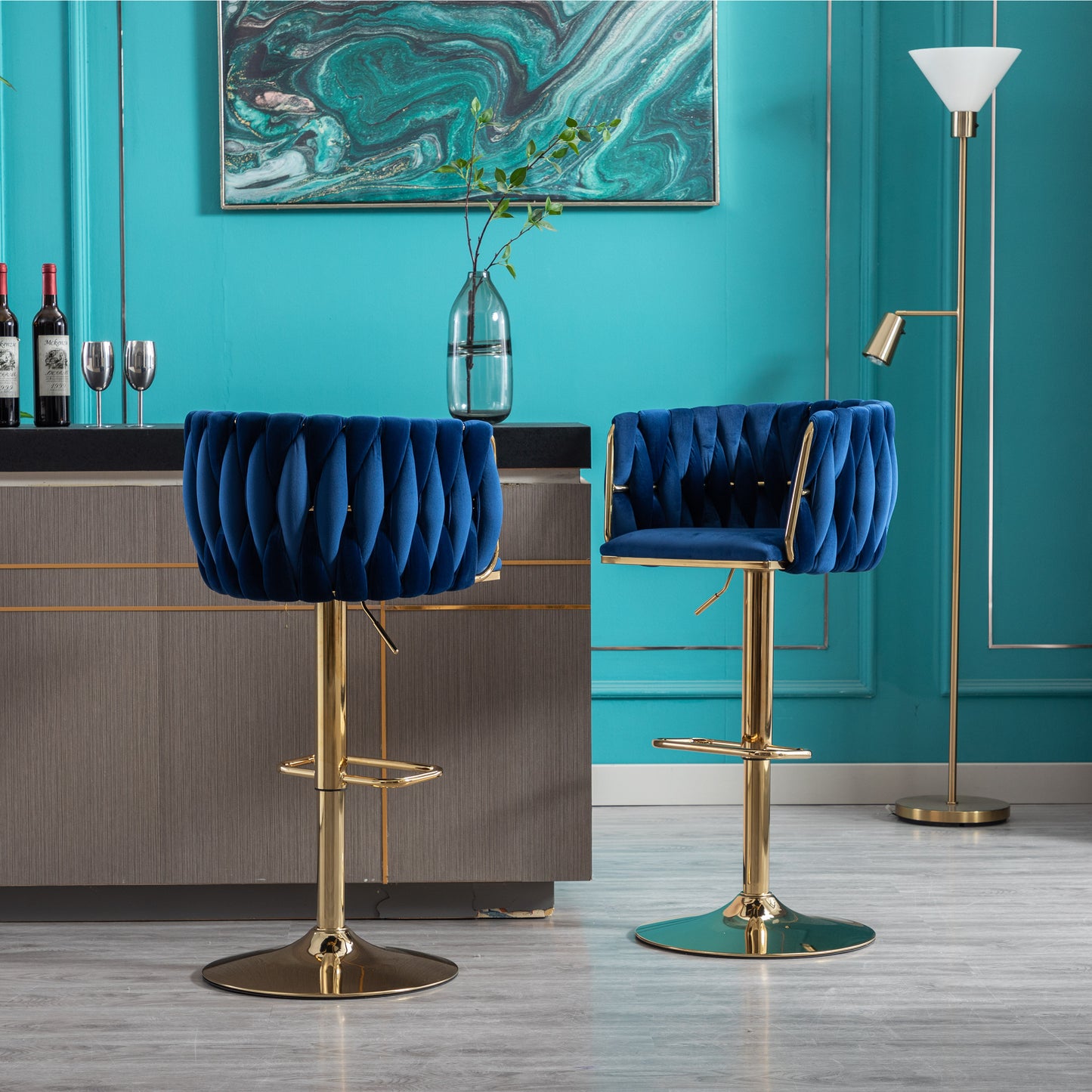 Set of 2  Bar Stools,with Chrome Footrest and Base Swivel Height Adjustable Mechanical Lifting Velvet + Golden Leg Simple Bar Stool-Navy