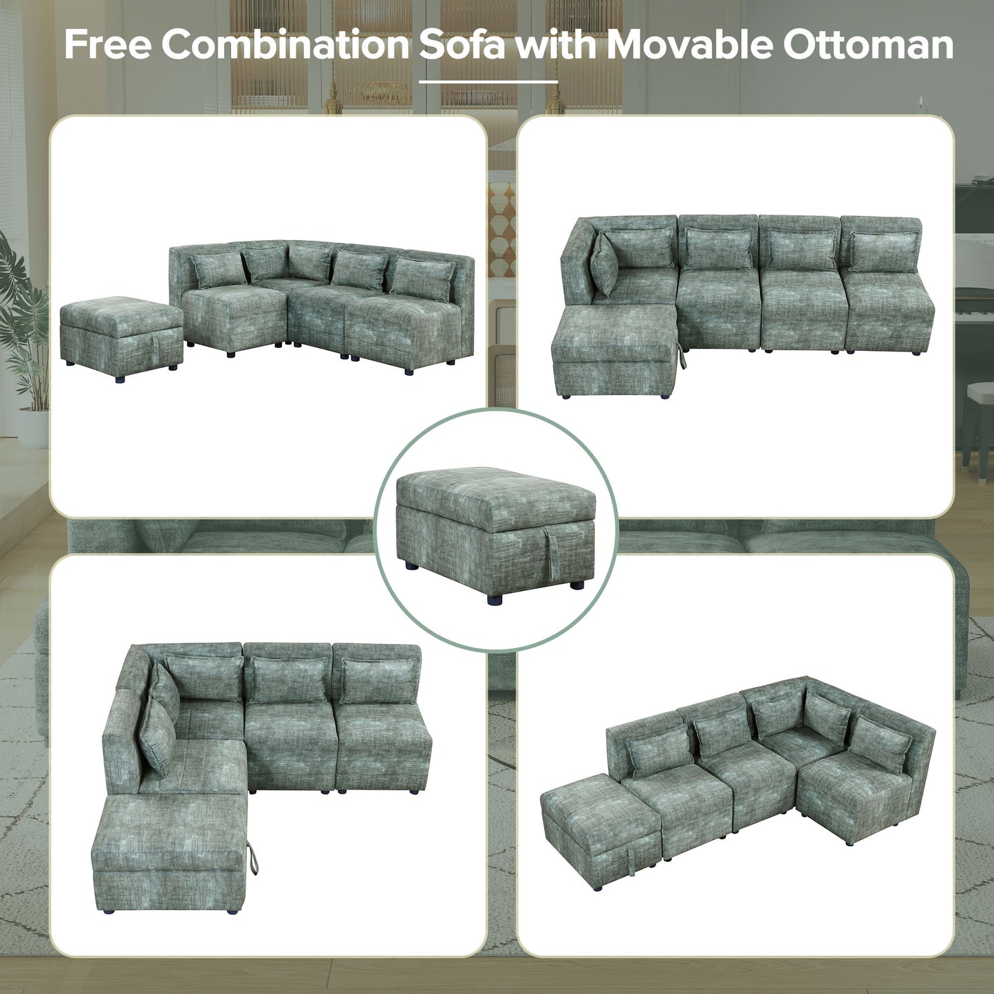 Endless Lounge Creations: Free-Combined Blue-Green Sectional Sofa with Storage Ottoman and 5 Pillows