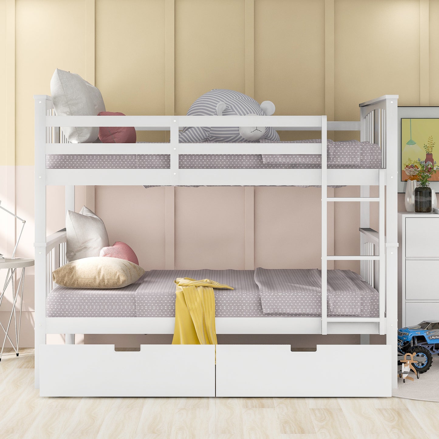 Elegant White Full Over Full Bunk Bed with Storage and Safety Features