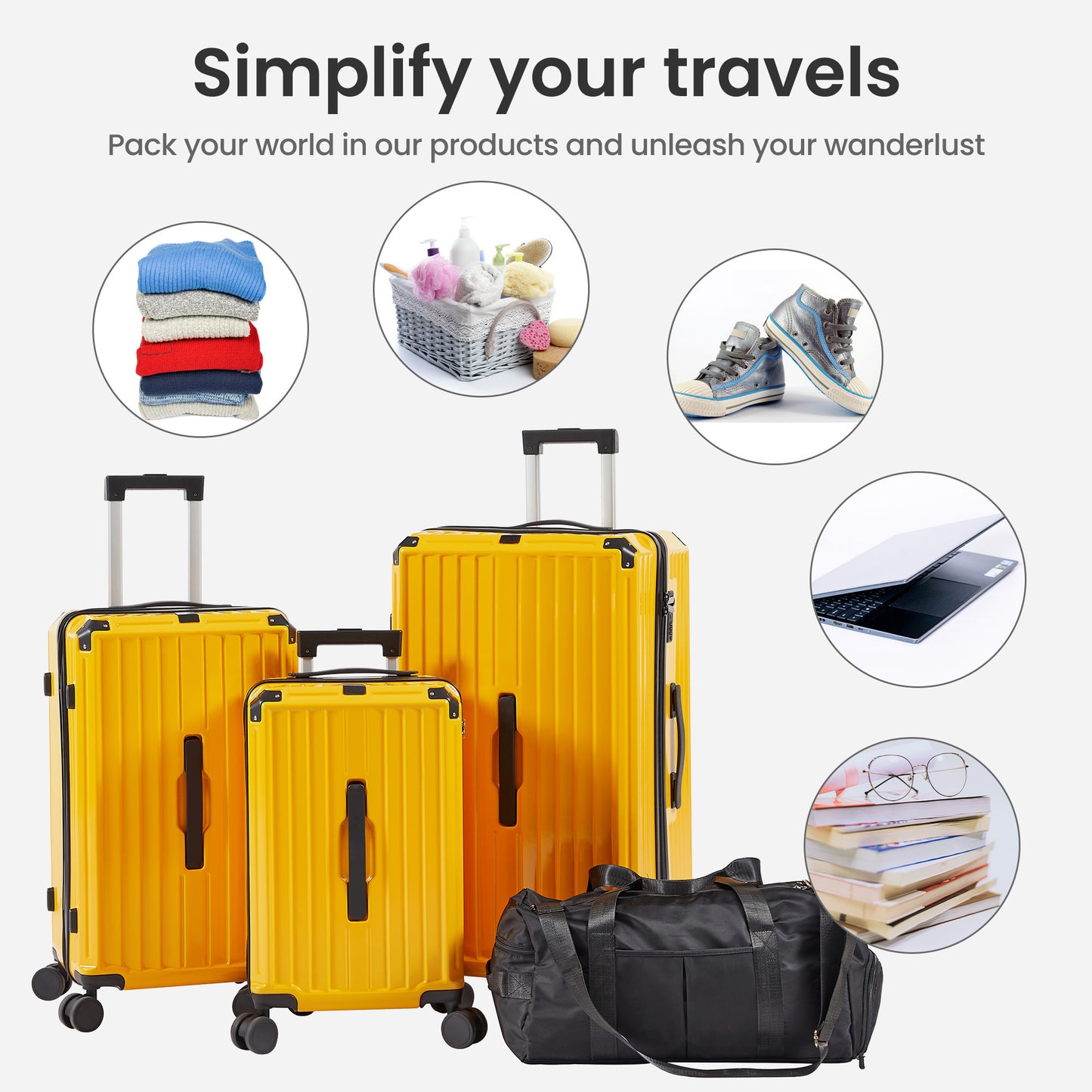 Luggage Set 4 pcs (20"/24"/29"/Travel Bag), PC+ABS Durable Lightweight Luggage with Collapsible Cup Holder, 360° Silent Spinner Wheels, TSA Lock, Yellow