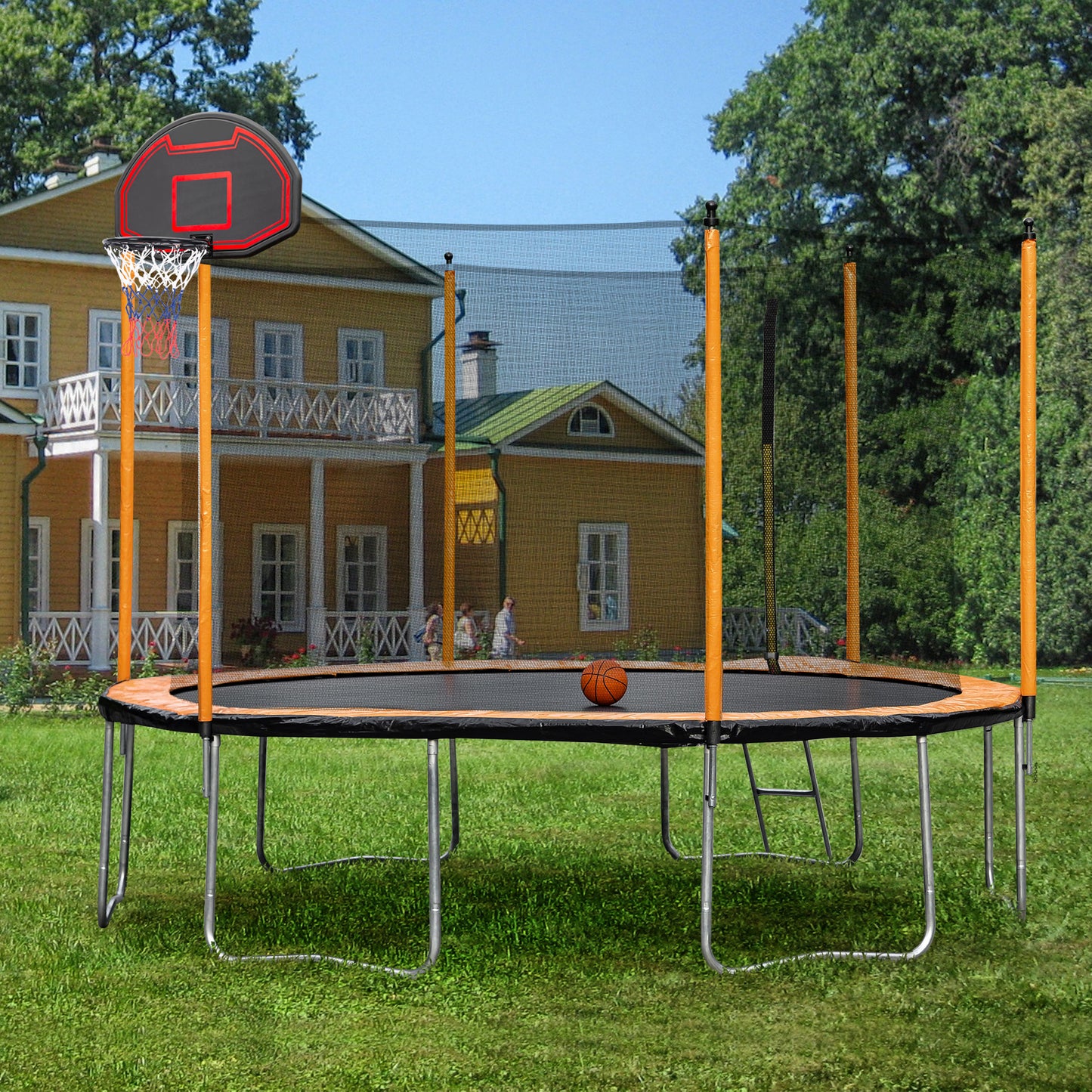 15FT Trampoline with Basketball Hoop Inflator and Ladder(Inner Safety Enclosure) Orange