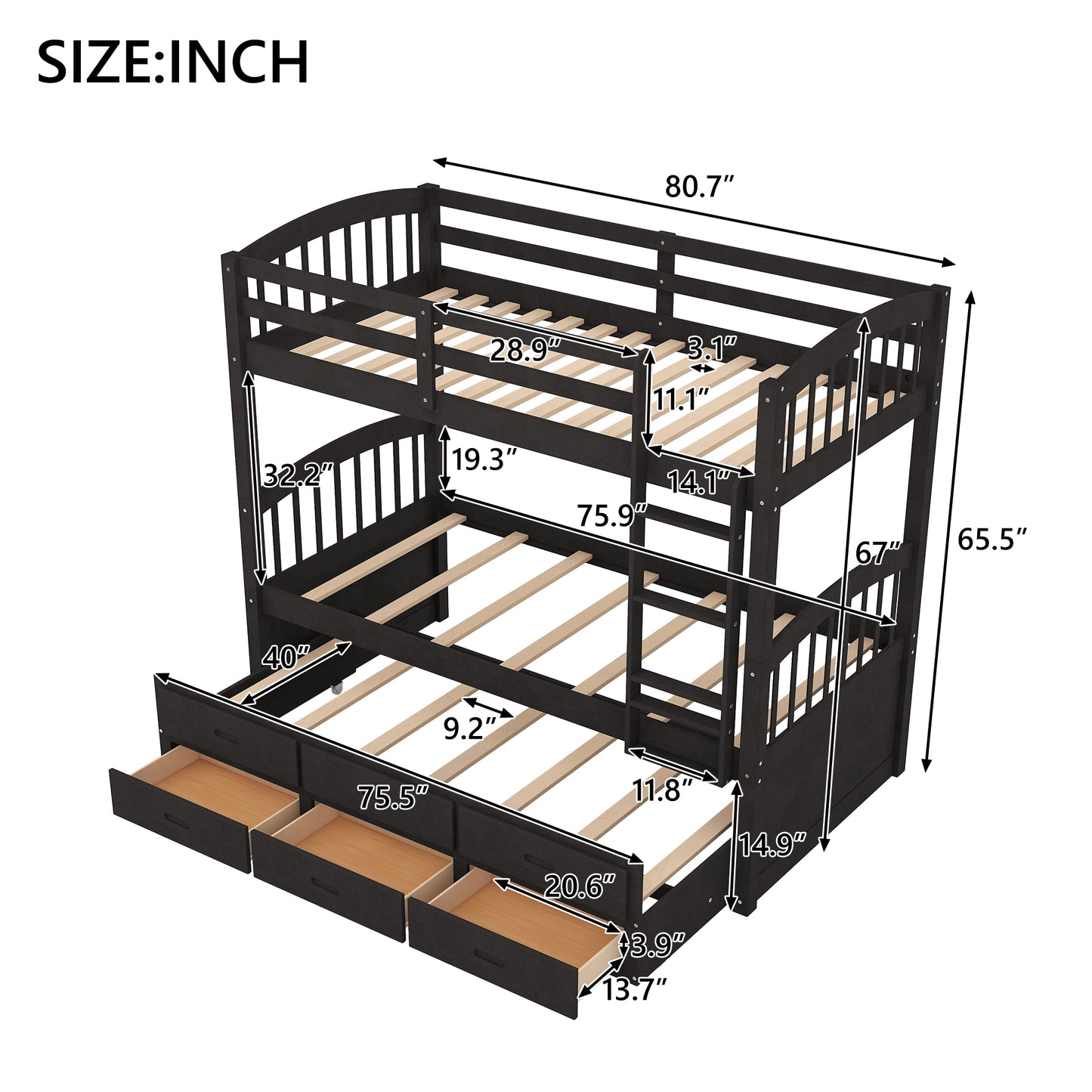 Espresso Twin Wood Bunk Bed with Trundle, Drawers, and Staircase