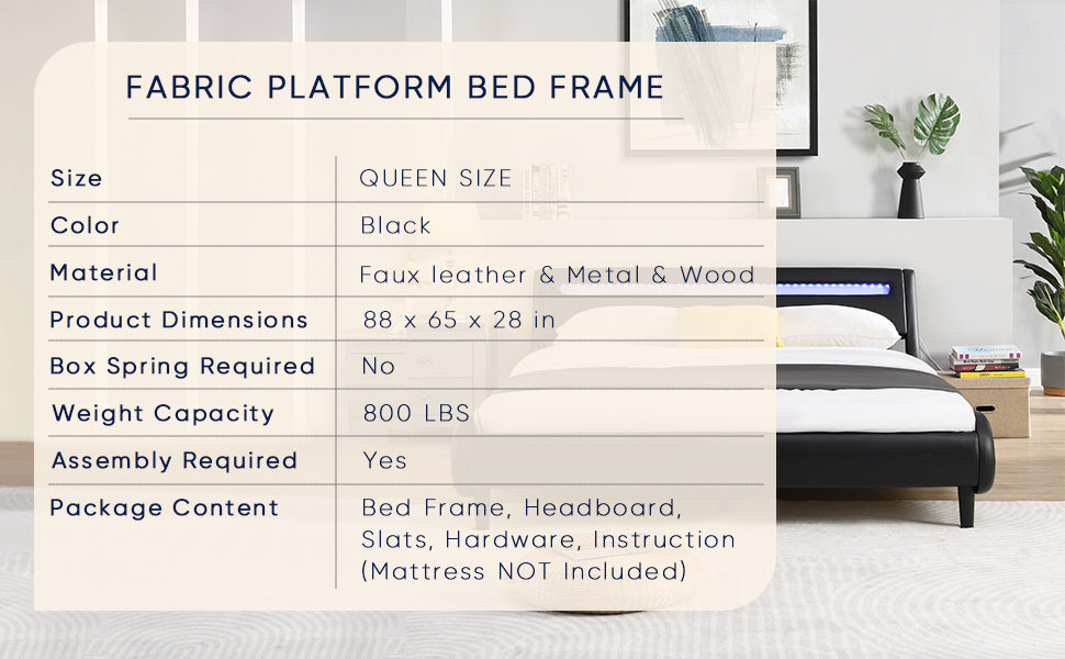 Modern Upholstered Platform Bed Frame with LED Lights Headboard, Faux Leather Wave-Like Bed Frame,Strong Wood Slats Support, Easy Assembly, Black, Queen Size