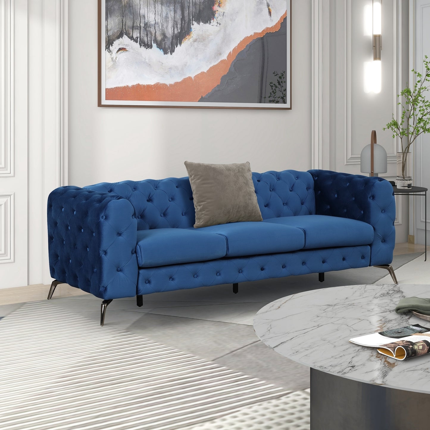 Modern Blue Velvet Upholstered 3 Seater Sofa with Button Tufted Back and Sturdy Metal Legs