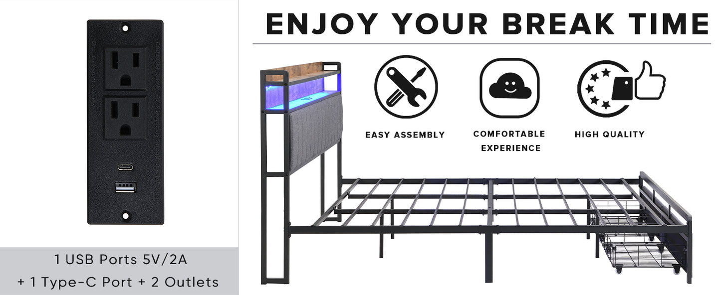 King Bed Frames with Storage Headboard and Drawers, LED Platform Bed Frame King Size, LED Upholstered Bed Frame with Charging Station, No Box Spring Needed, Easy Assembly, Grey