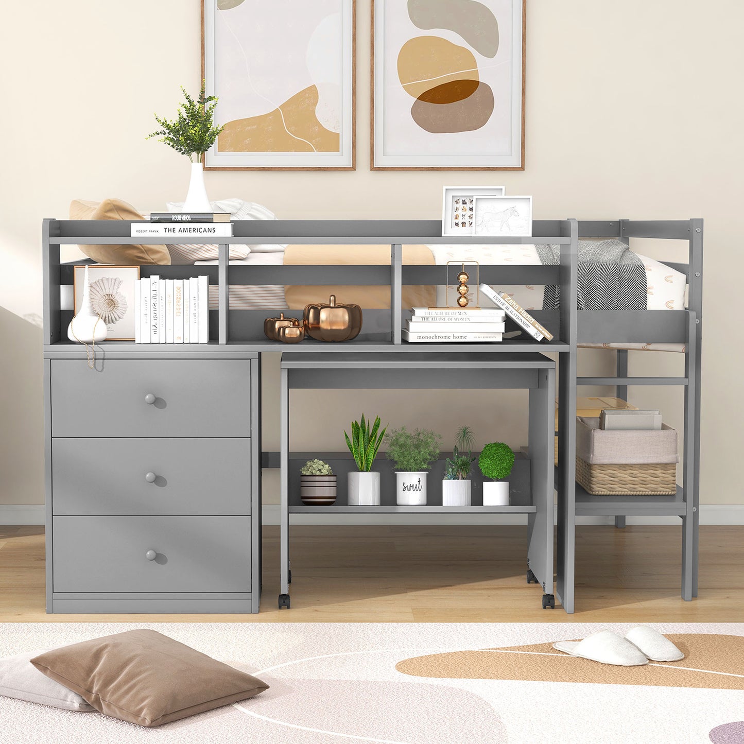 Full Size Low Loft Bed with Rolling Portable Desk, Drawers and Shelves, Gray(: GX000711AAE)