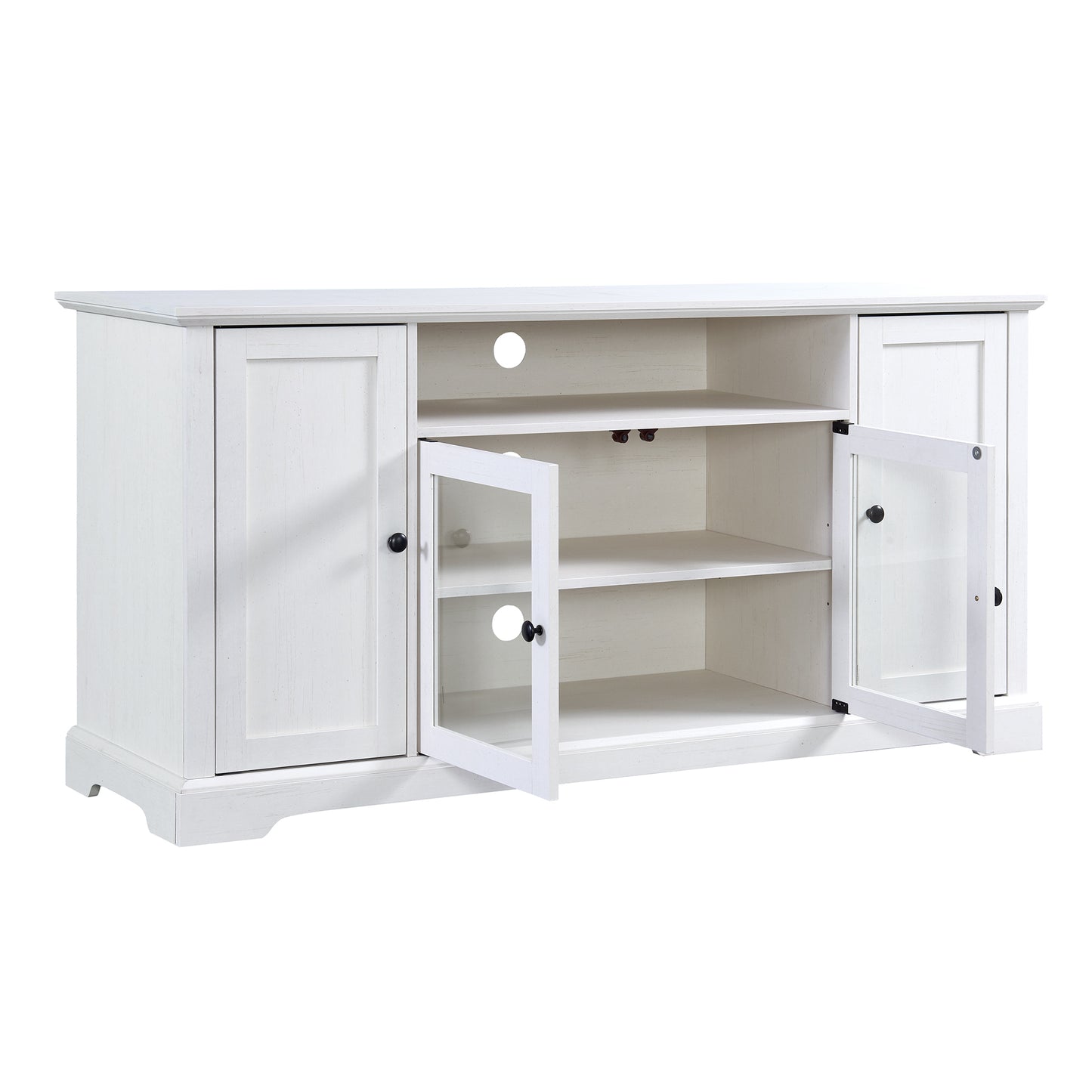 Transitional Highboy TV Stand with Tempered Glass Doors - White