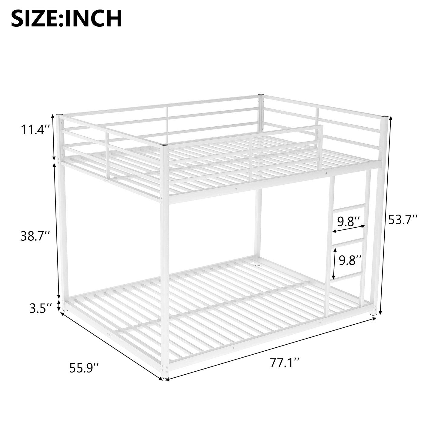 White Metal Full over Full Bunk Bed with Low Design and Ladder