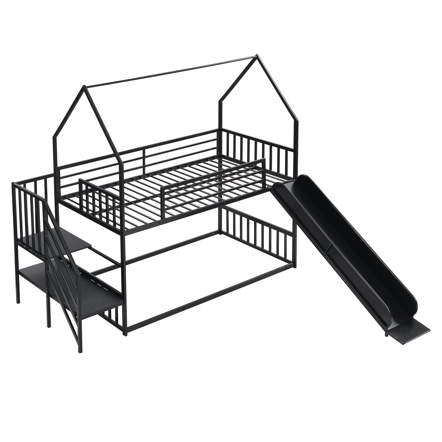 Kids Black Metal Twin Bunk Bed House with Slide and Storage Staircase