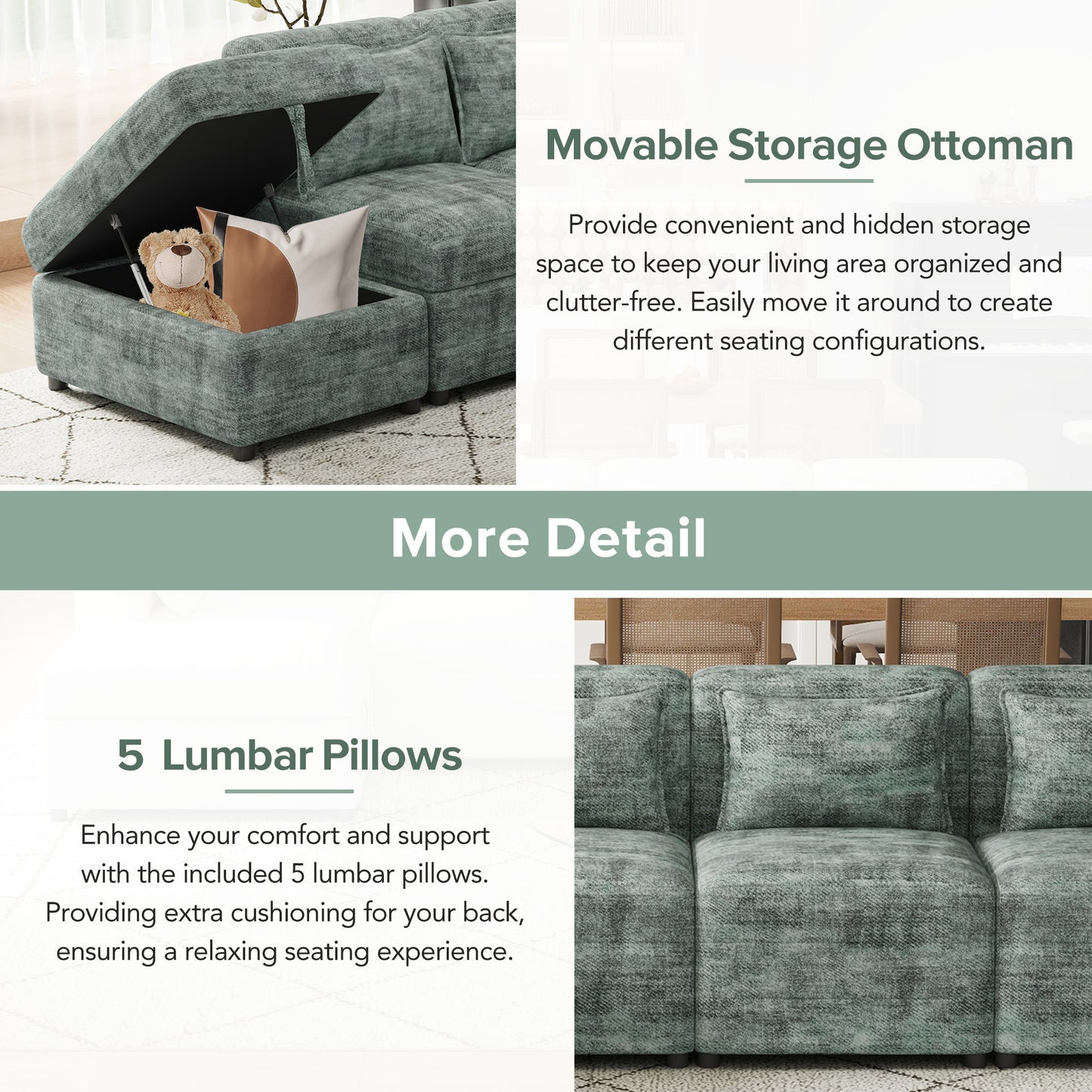 Endless Lounge Creations: Free-Combined Blue-Green Sectional Sofa with Storage Ottoman and 5 Pillows