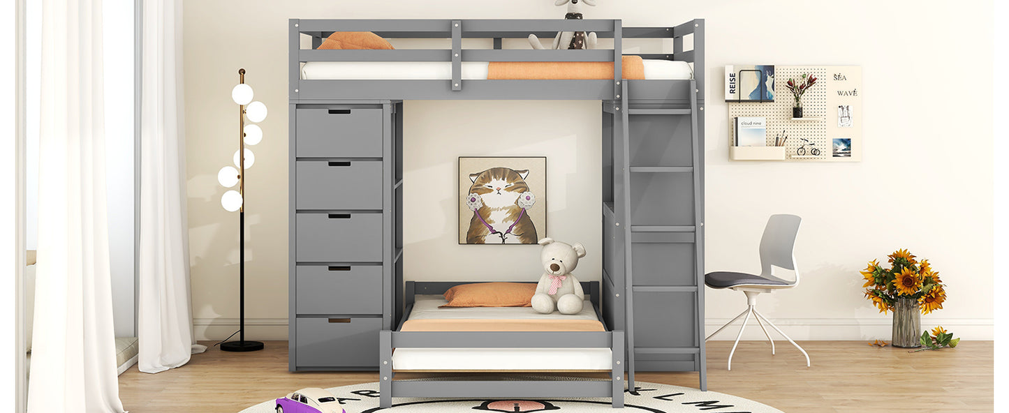 Twin Over Twin Gray Bunk Bed with LED Light, USB Ports, and Storage Space