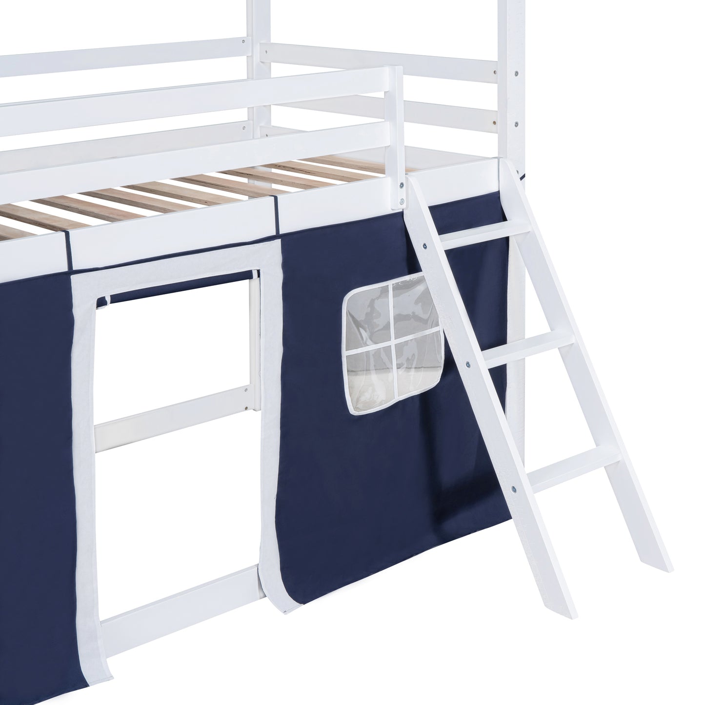 Twin Size Bunk Wood House Bed with Elegant Windows, Sills and Tent,  Blue+White