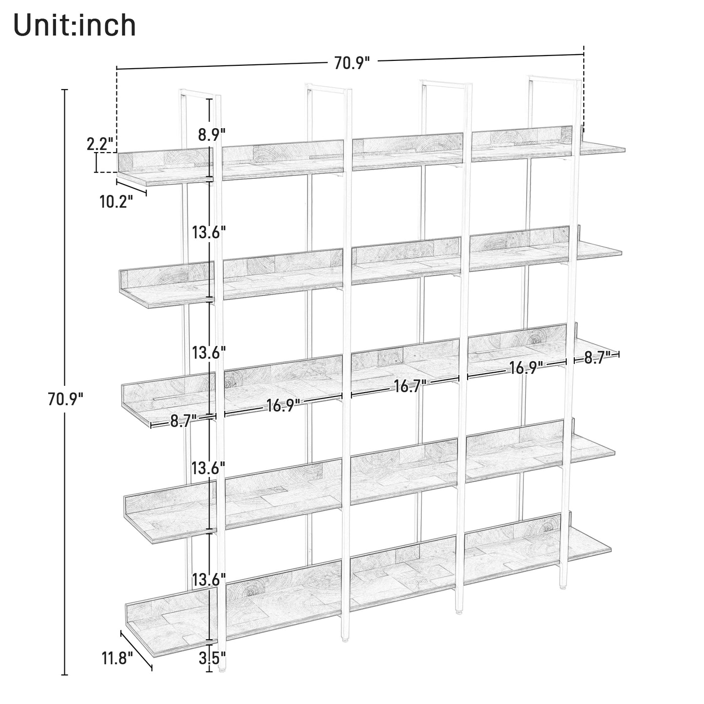 5 Tier Bookcase Home Office Open Bookshelf, Vintage Industrial Style Shelf, MDF Board, Black Metal Frame, Brown