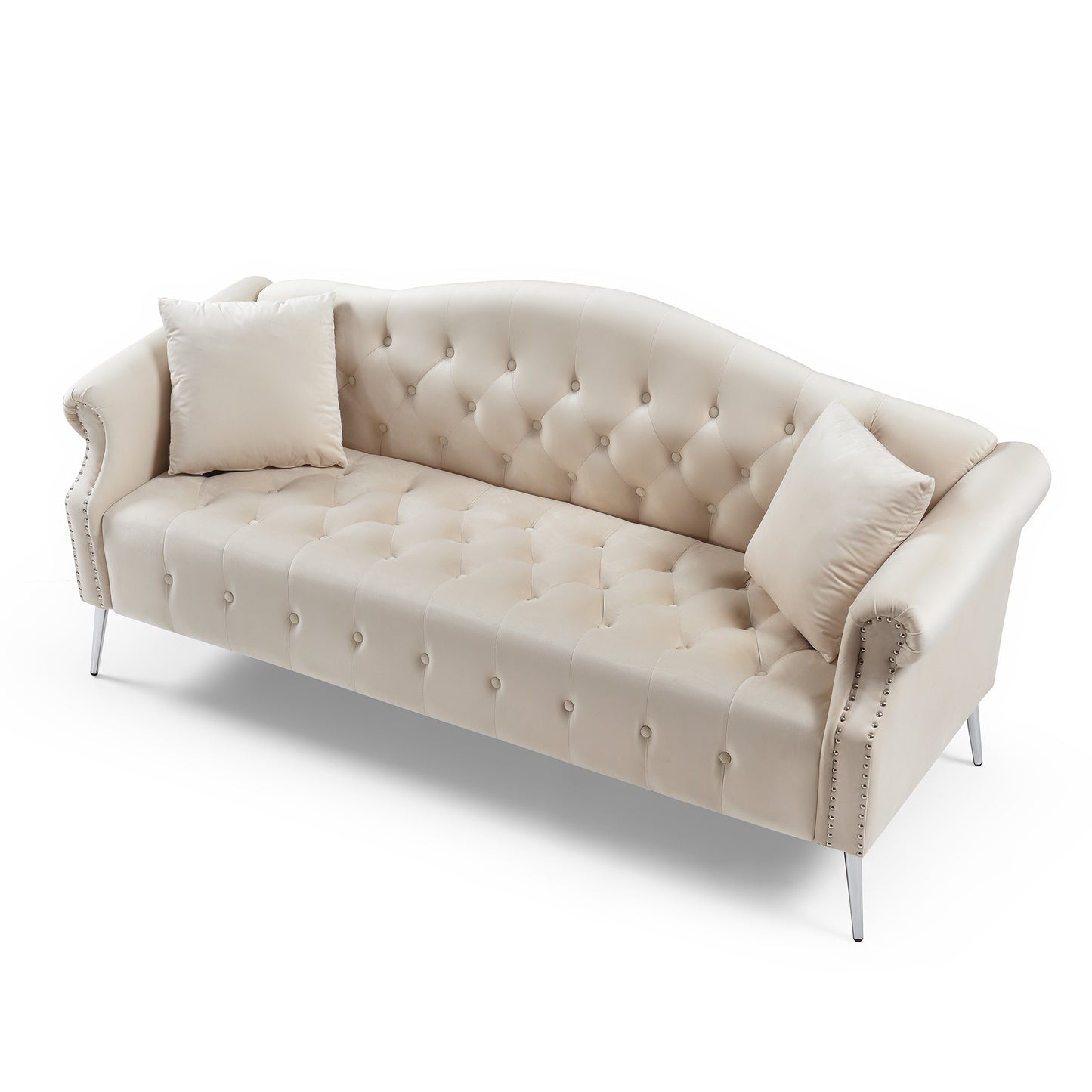 78.7 Classic Chesterfield Velvet Sofa with Silver Metal Legs and Pillows