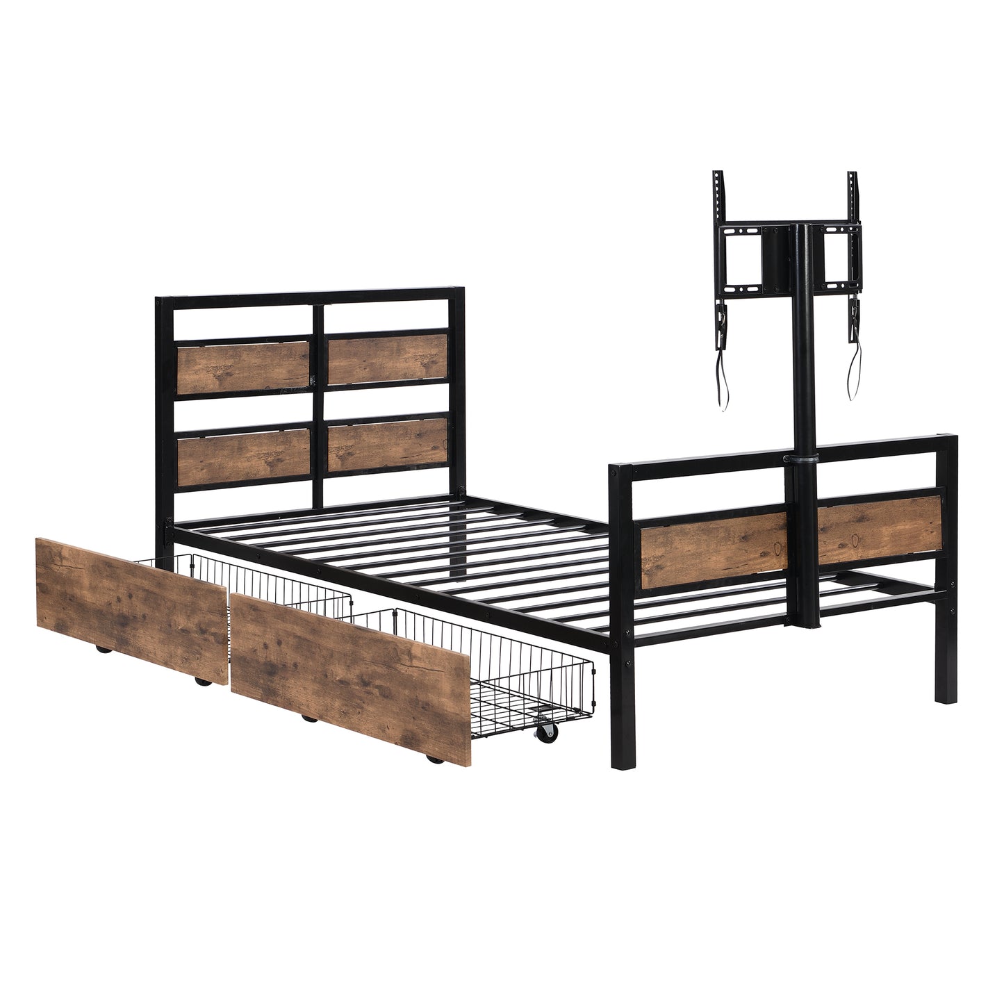 Twin Size Metal Platform Bed with MDF Headboard and Footboard,Two Storage Drawers and Rotatable TV Stand,Black - Modern Industrial Design Twin Bed with TV Stand and Storage