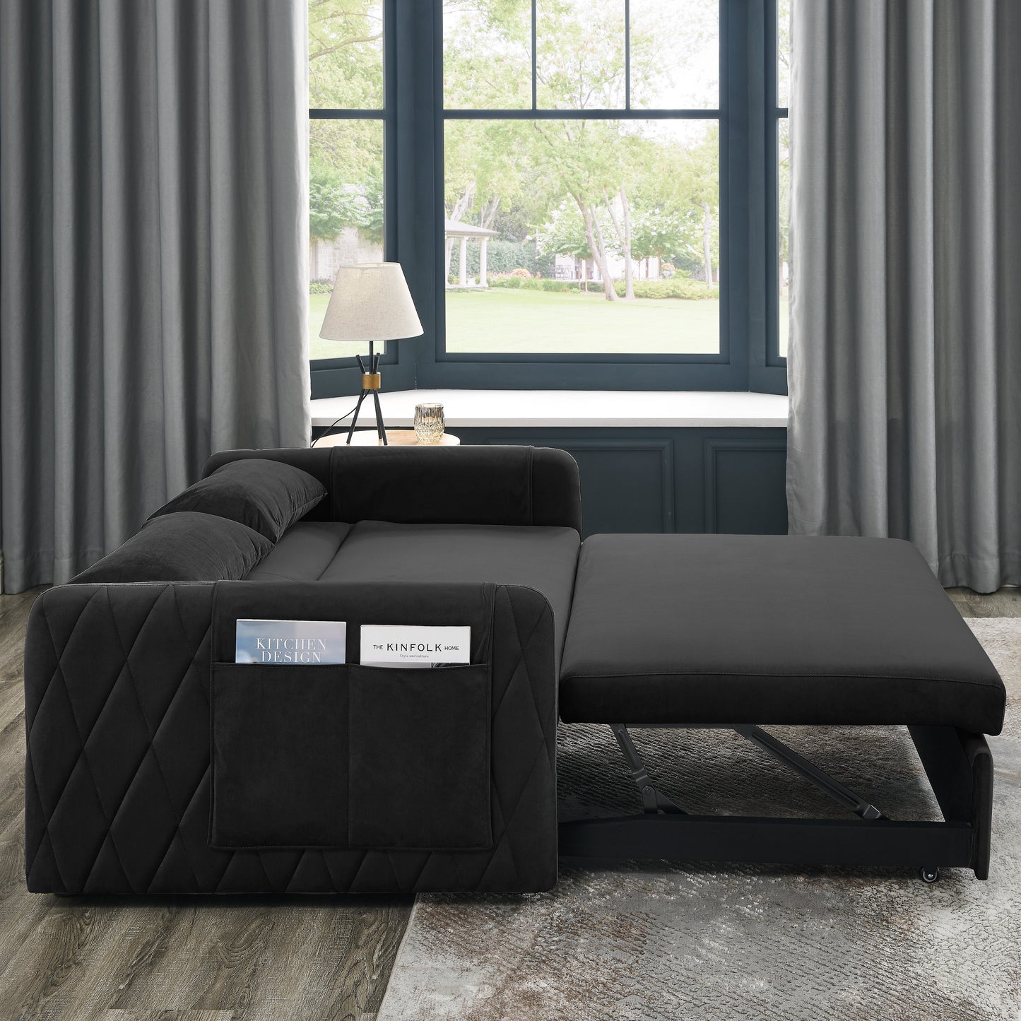 55 Modern Velvet Convertible Sofa Bed with Adjustable Backrest and Detachable Arm Pockets