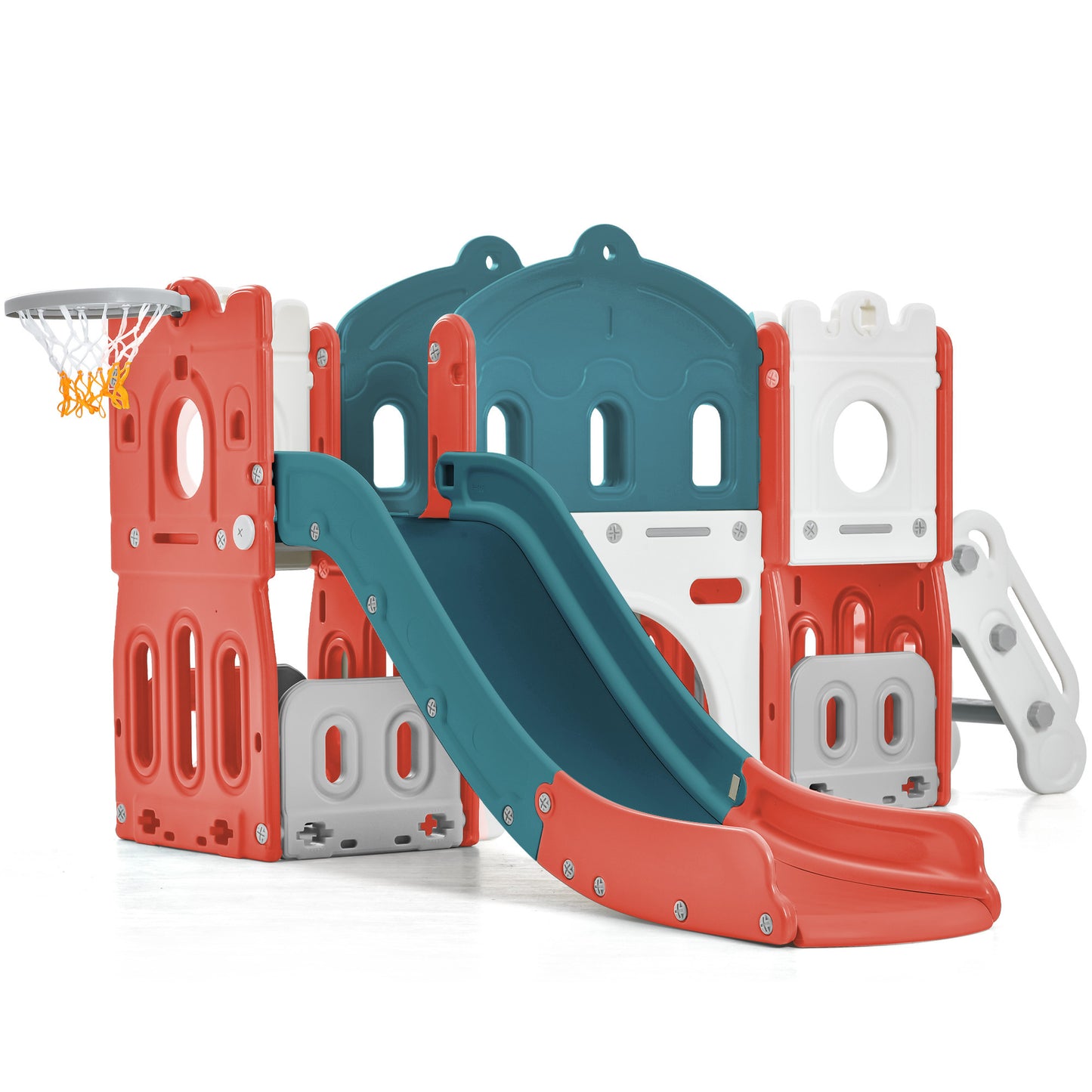 Kids Slide Playset Structure, Freestanding Castle Climber with Slide and Basketball Hoop, Toy Storage Organizer for Toddlers, Kids Climbers Playhouse for Indoor Outdoor Playground Activity