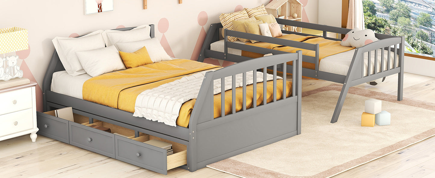 Gray Twin-Over-Full Bunk Bed with Storage Staircase, Ladder, and Drawers