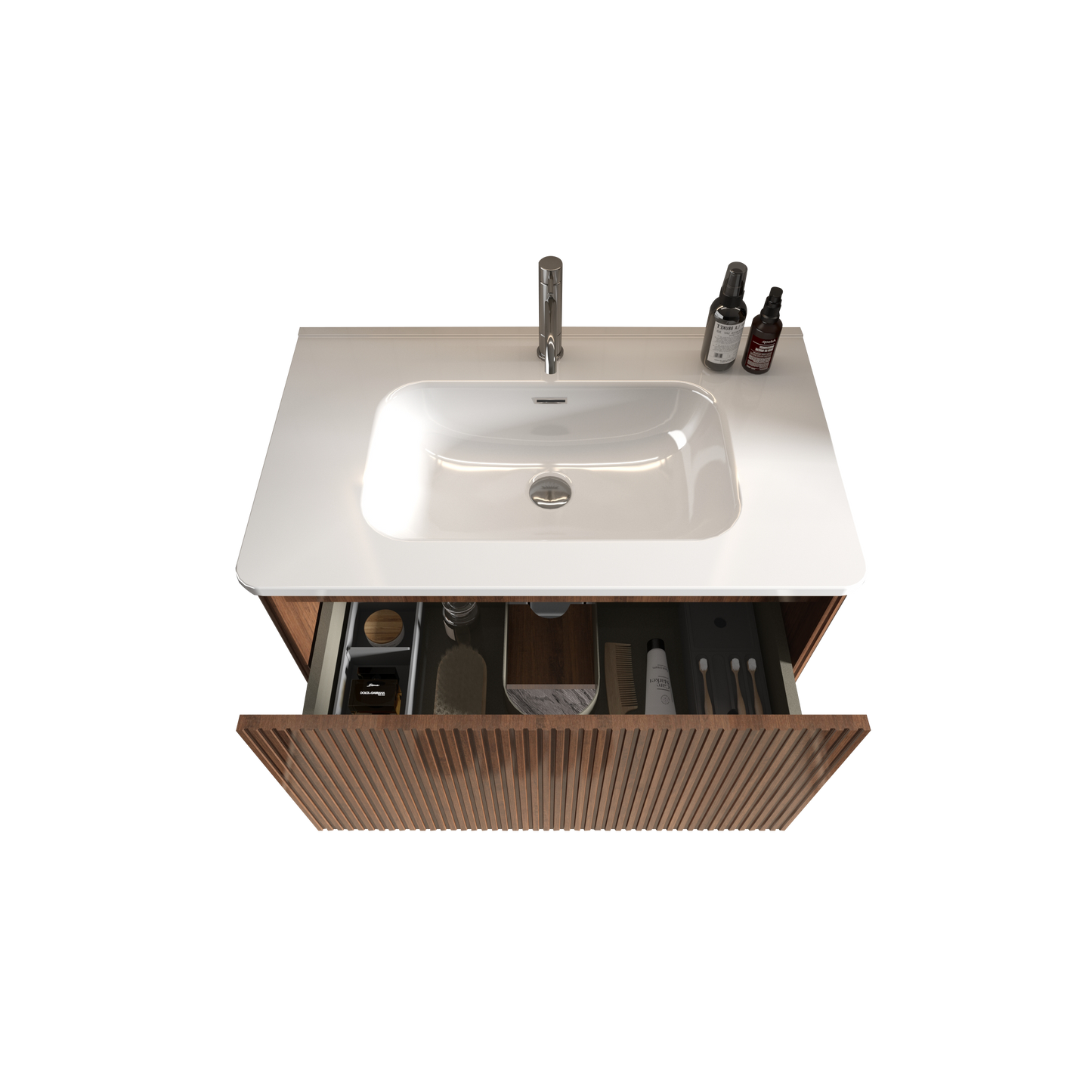 U047-Etna30W-305 Etna 30" Striped Walnut Bathroom Vanity with White Ceramic Sink, Wall Mounted Floating Bathroom Vanity for Modern Bathroom, One-Piece White Basin without Drain and Faucet