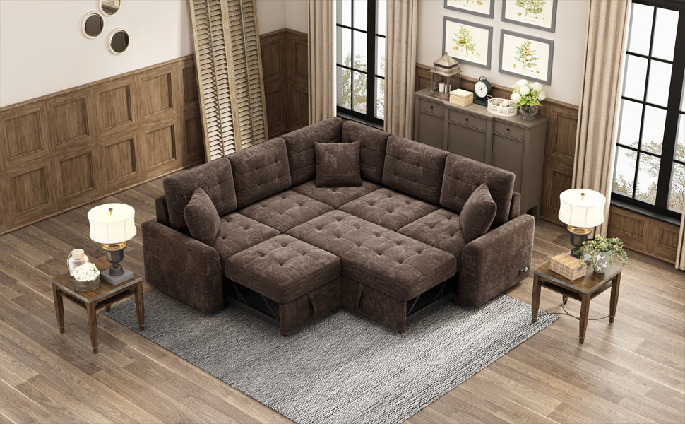 Convertible L-Shape Sleeper Sofa with USB Ports and Power Sockets, Brown