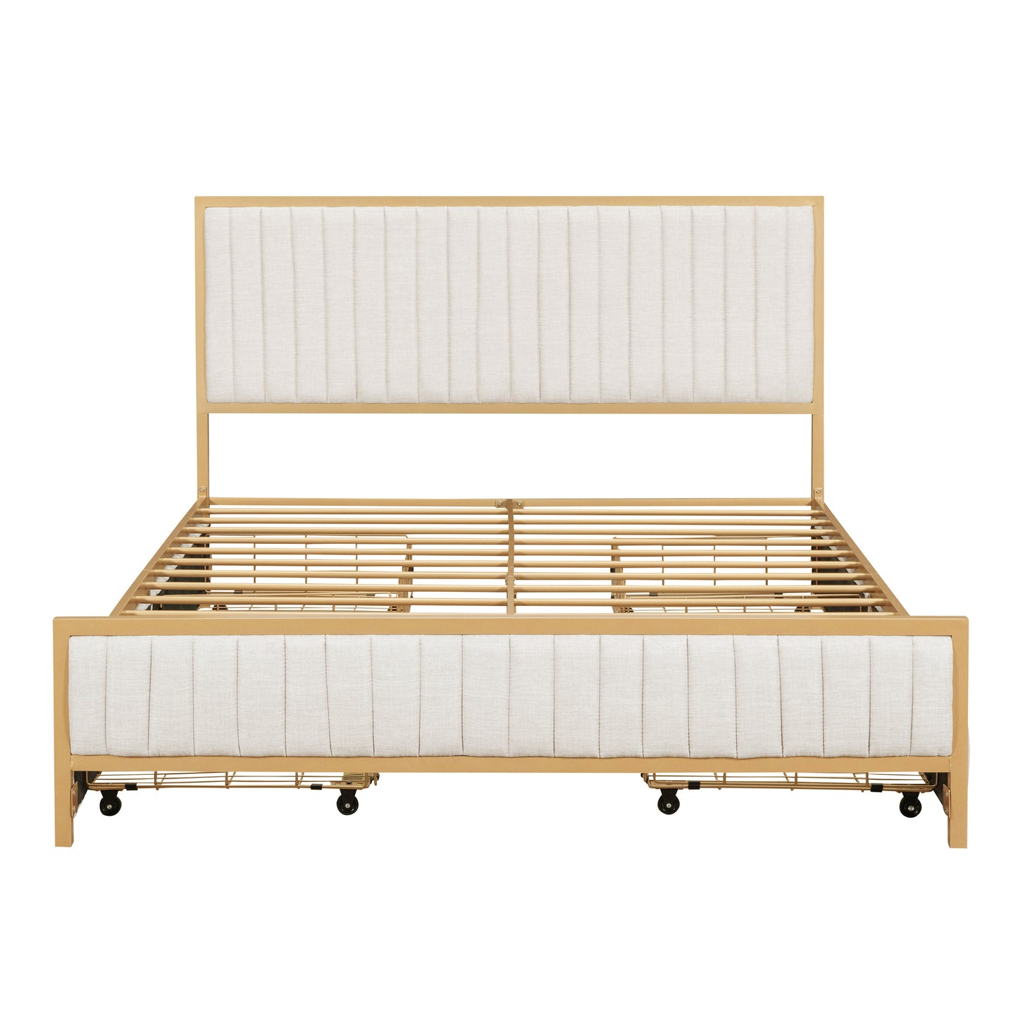 Queen Size Metal Frame Upholstered Bed with 4 Drawers, Linen Fabric, Beige