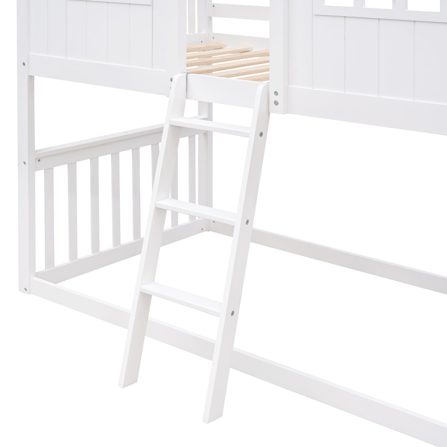 White Wood House Bunk Bed with Skylight - Twin Over Twin