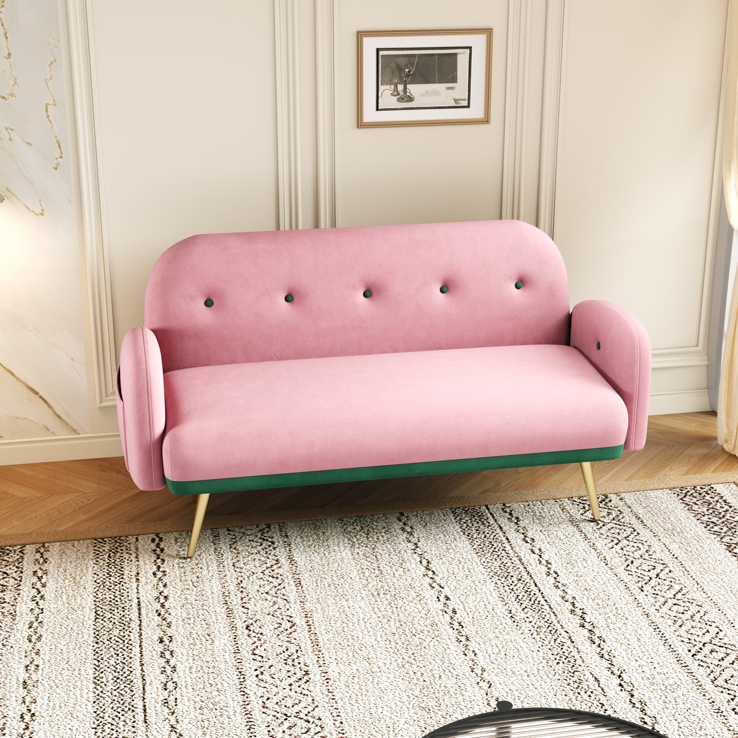 58 Pink Velvet Sofa with 2 Pillows for Small Spaces