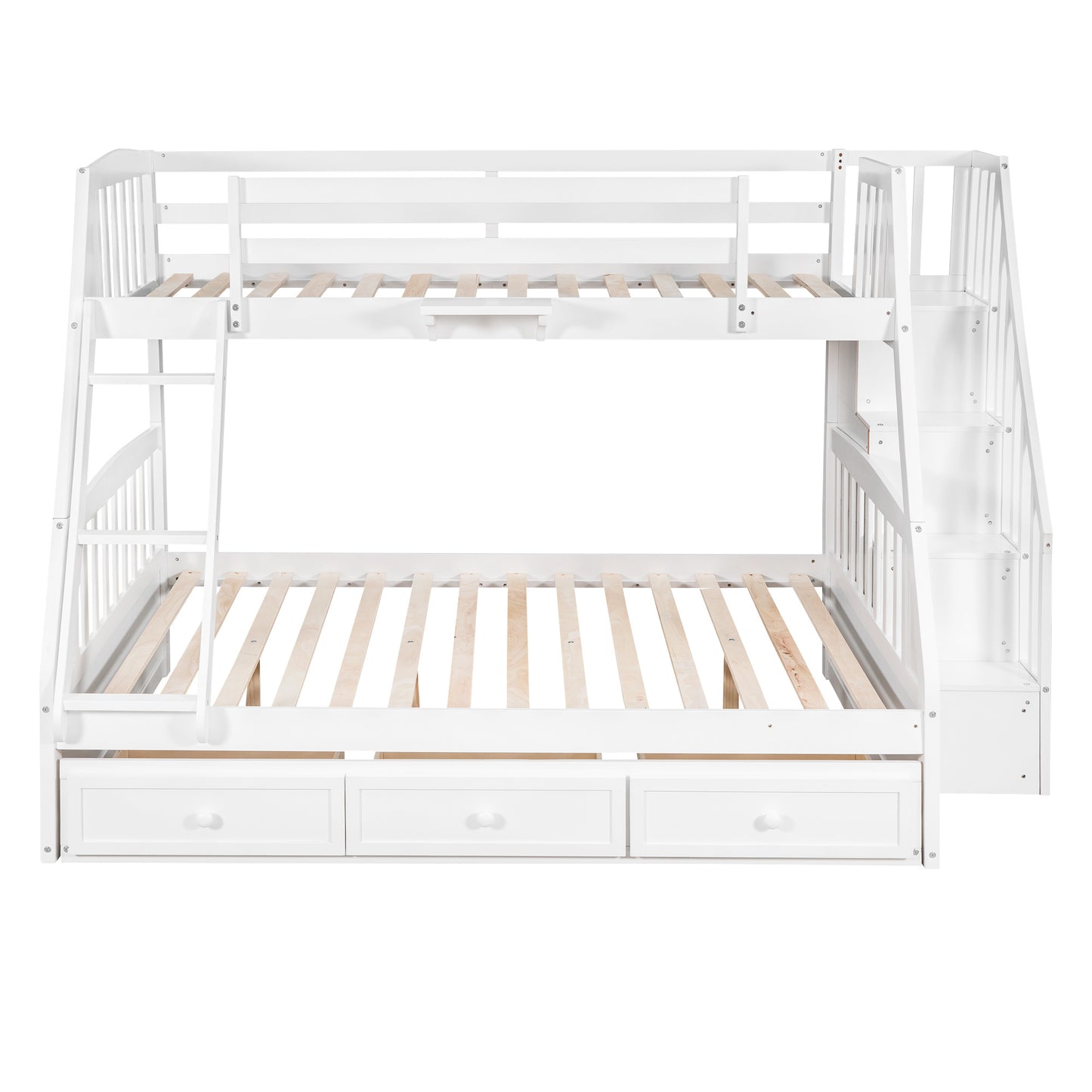 White Bunk Bed with Drawers, Ladder, and Storage Staircase for Twin and Full Sizes