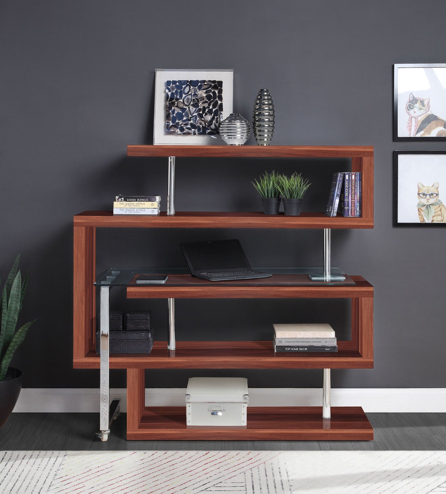 Modern Glass Top Writing Desk with Swivel Shelf and Walnut Finish