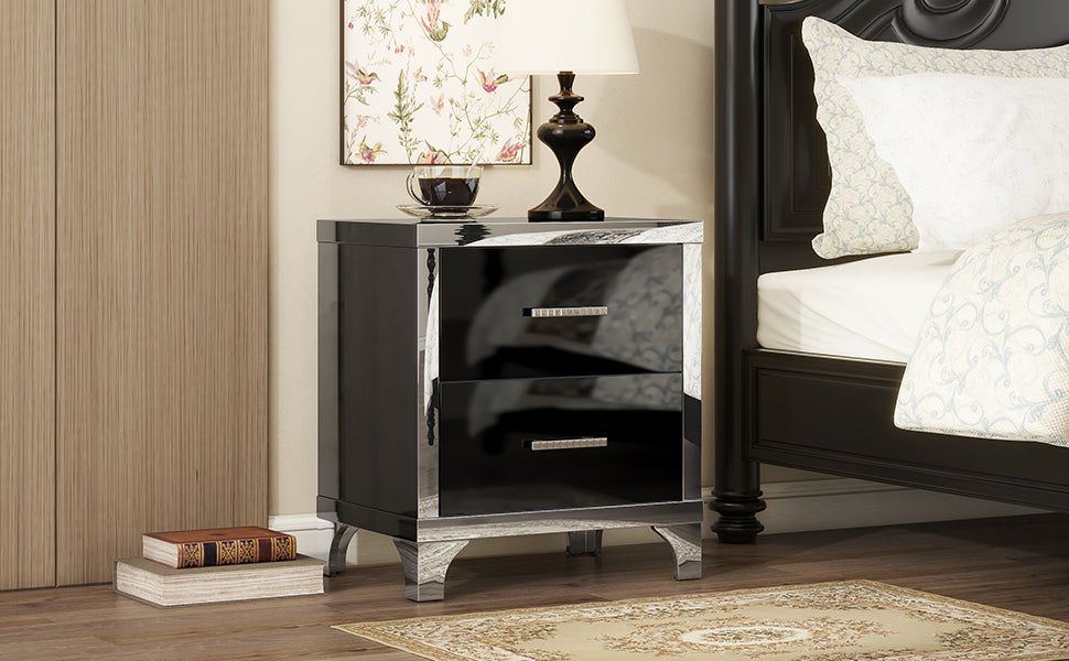 Elegant High Gloss Nightstand with Metal Handle,Mirrored Bedside Table with 2 Drawers for Bedroom,Living Room,Black