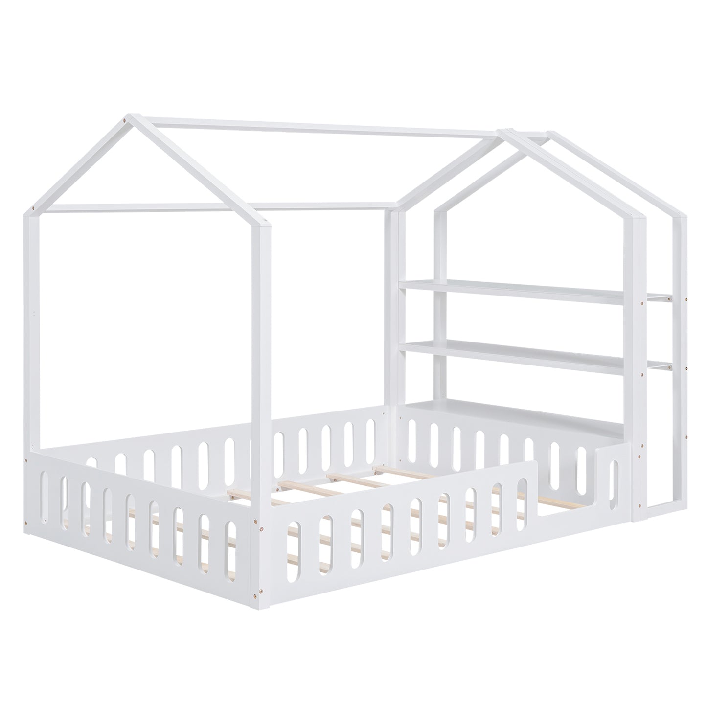 Full Size Wood House Bed with Fence and Detachable Storage Shelves, White(Expected Arrival Time: 1.7)