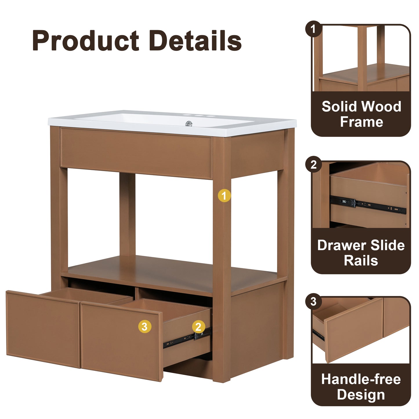 30" Bathroom Vanity without Sink Top, Cabinet Base Only, Open Storage Shelf and Two Drawers, Brown