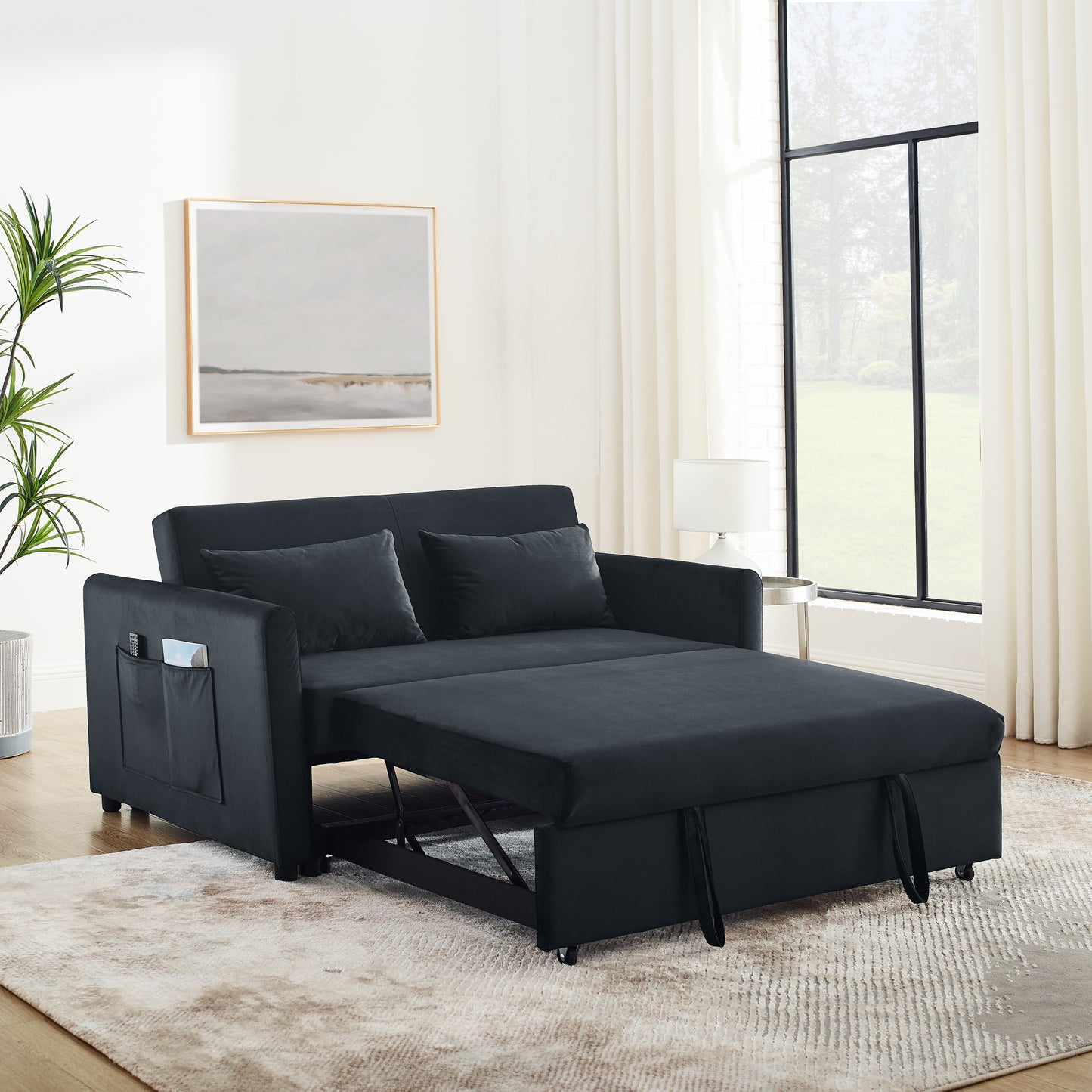 Convertible Sofa Bed, 3-in-1 Versatile Velvet Double Sofa with Pullout Bed, Seat with Adjustable Backrest, Lumbar Pillows, and Living Room Side Pockets, 54 Inch, Black