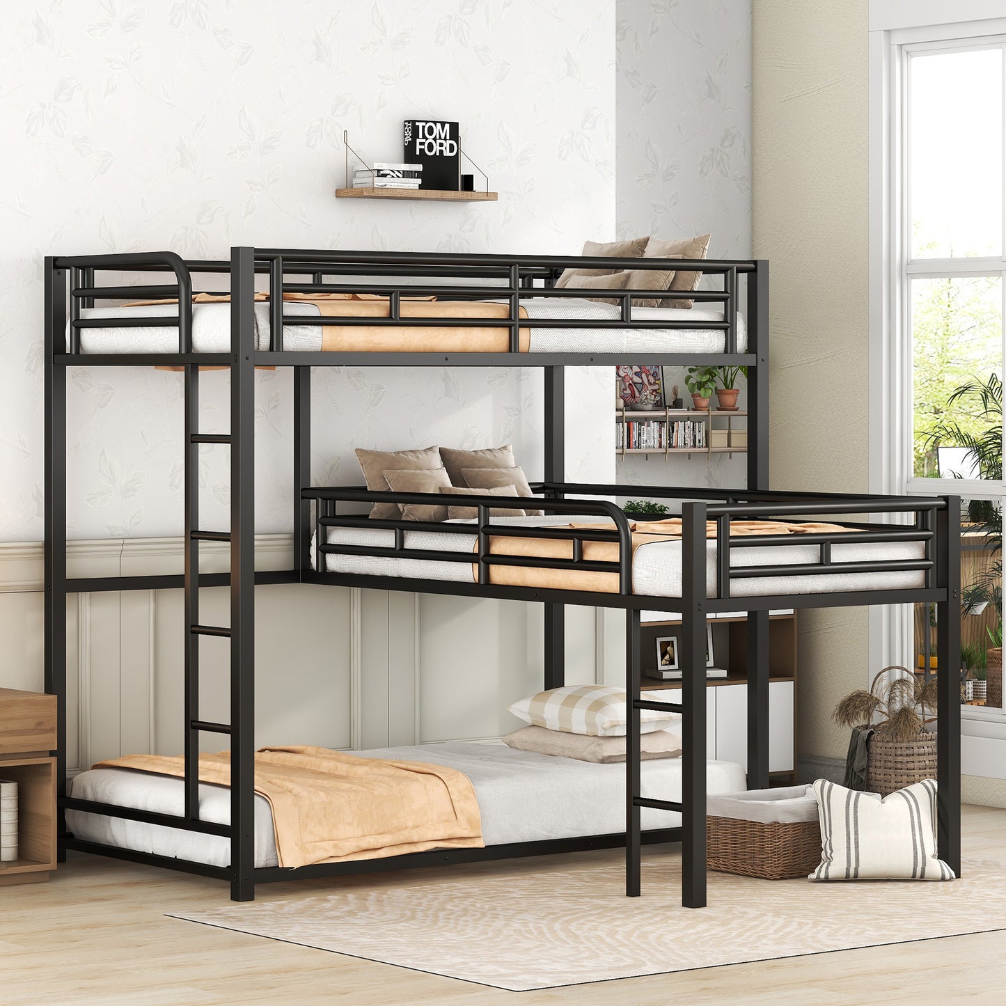 Black Metal Triple Bunk Bed with Desk and L-shaped Design