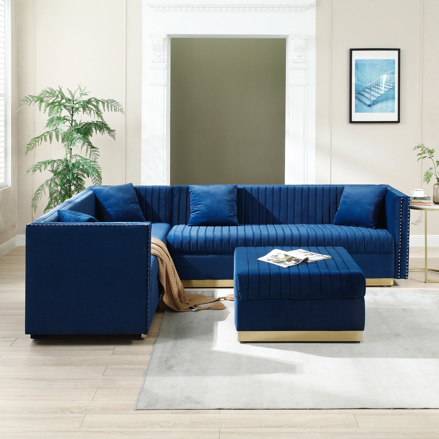 Blue Velvet L-shaped Sectional Sofa with Ottoman and 4 Pillows for Modern Living Rooms