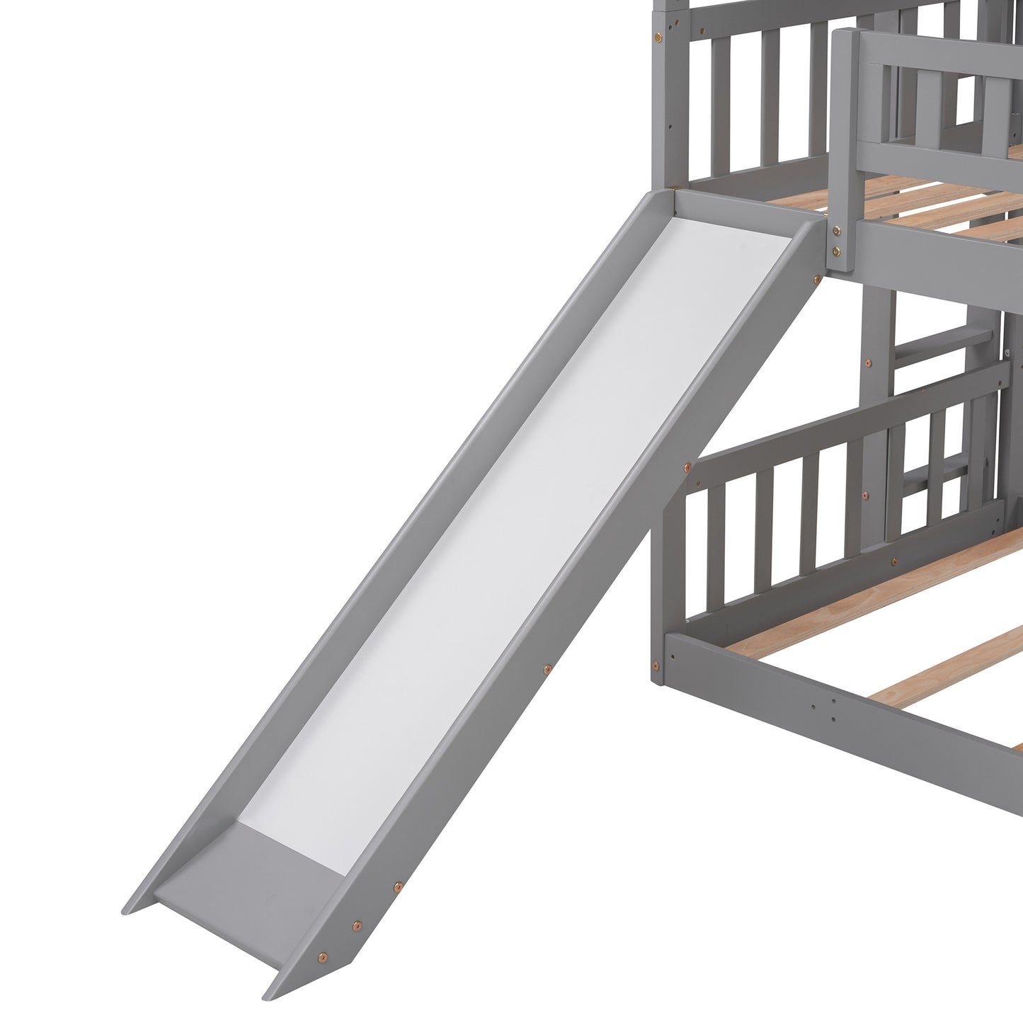 Triple Bed with Ladder, Slide, and Guardrails in Gray