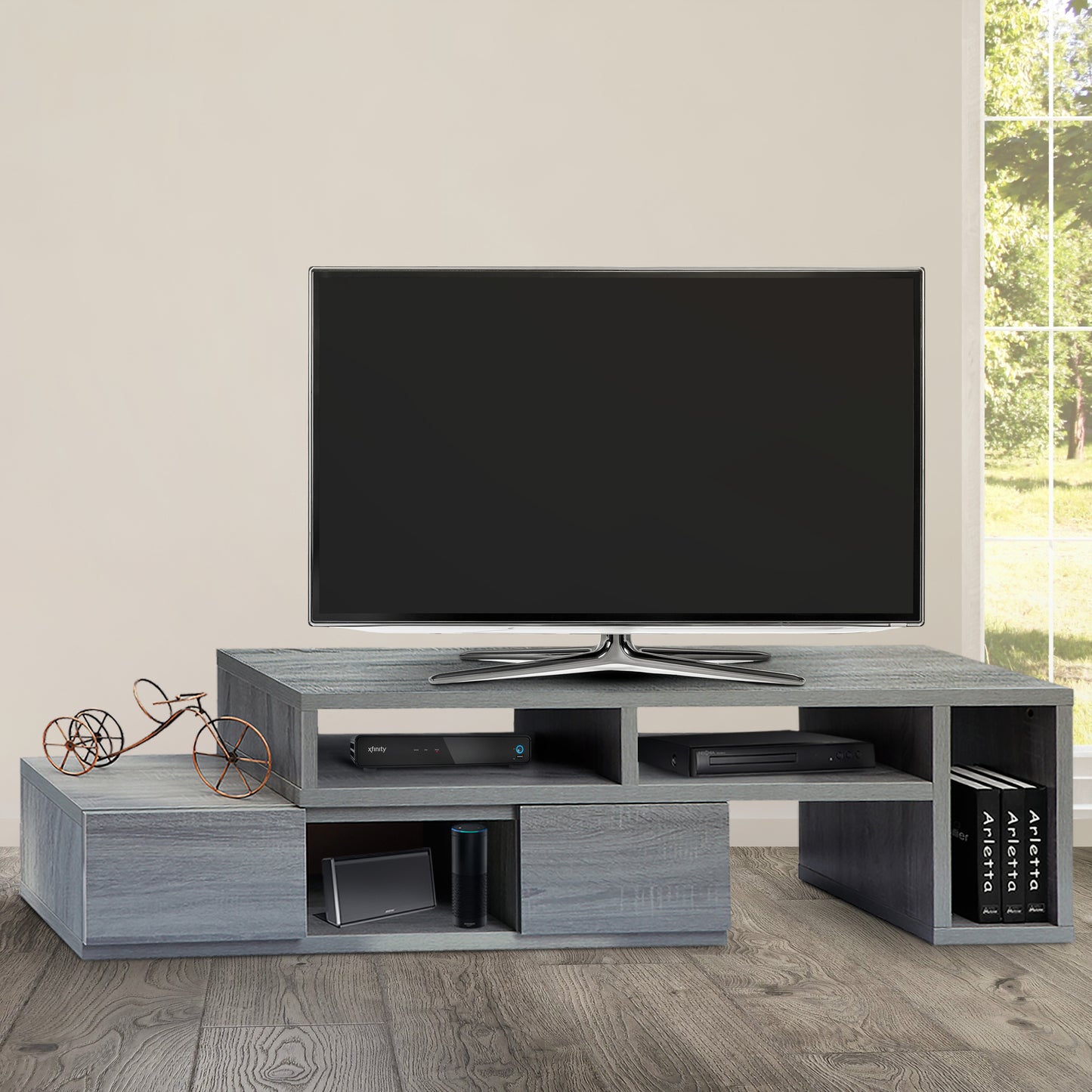 Adjustable Grey Solid Wood TV Stand Console for TVs Up to 65