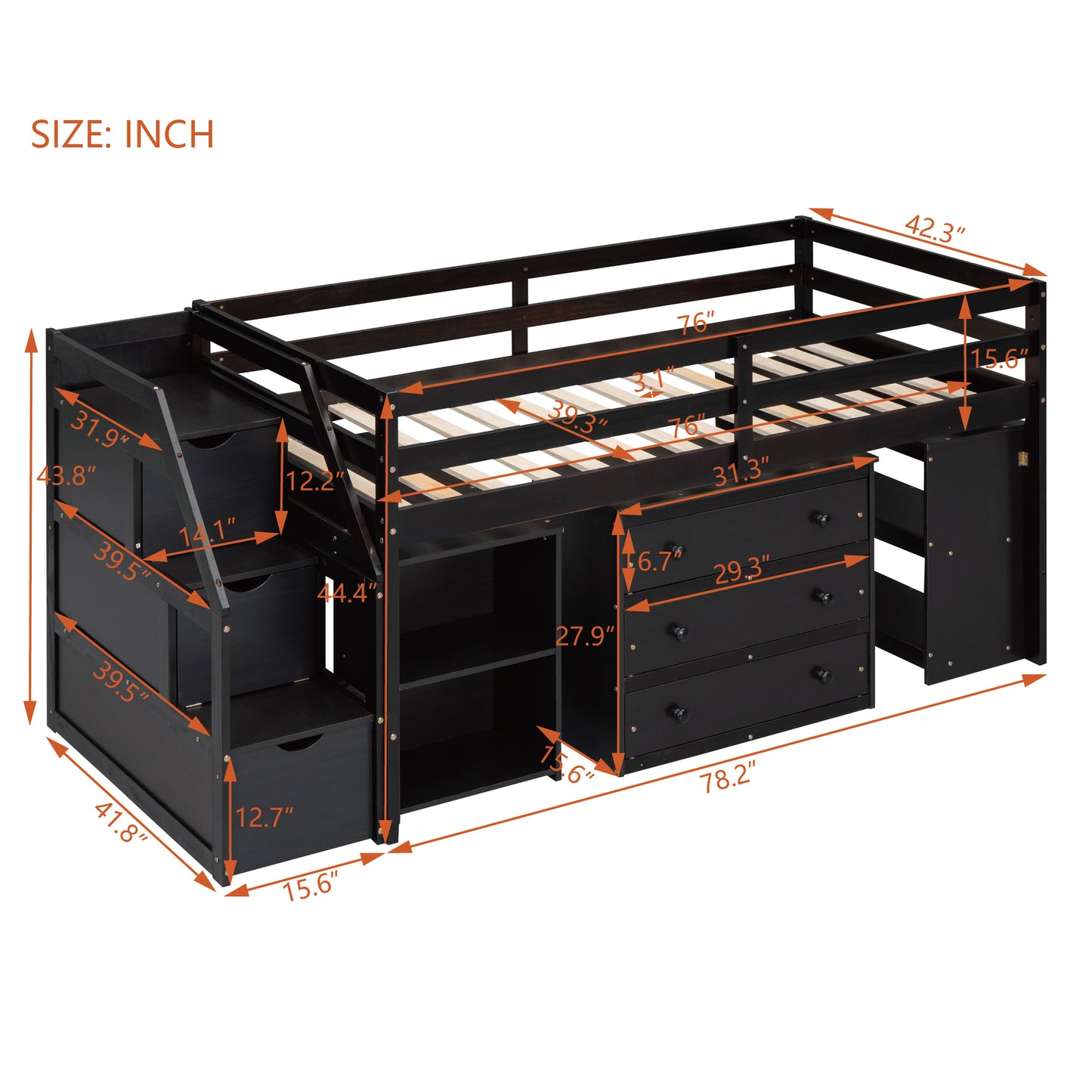 Twin Size Loft Bed with Retractable Writing Desk and 3 Drawers, Wooden Loft Bed with Storage Stairs and Shelves, Espresso